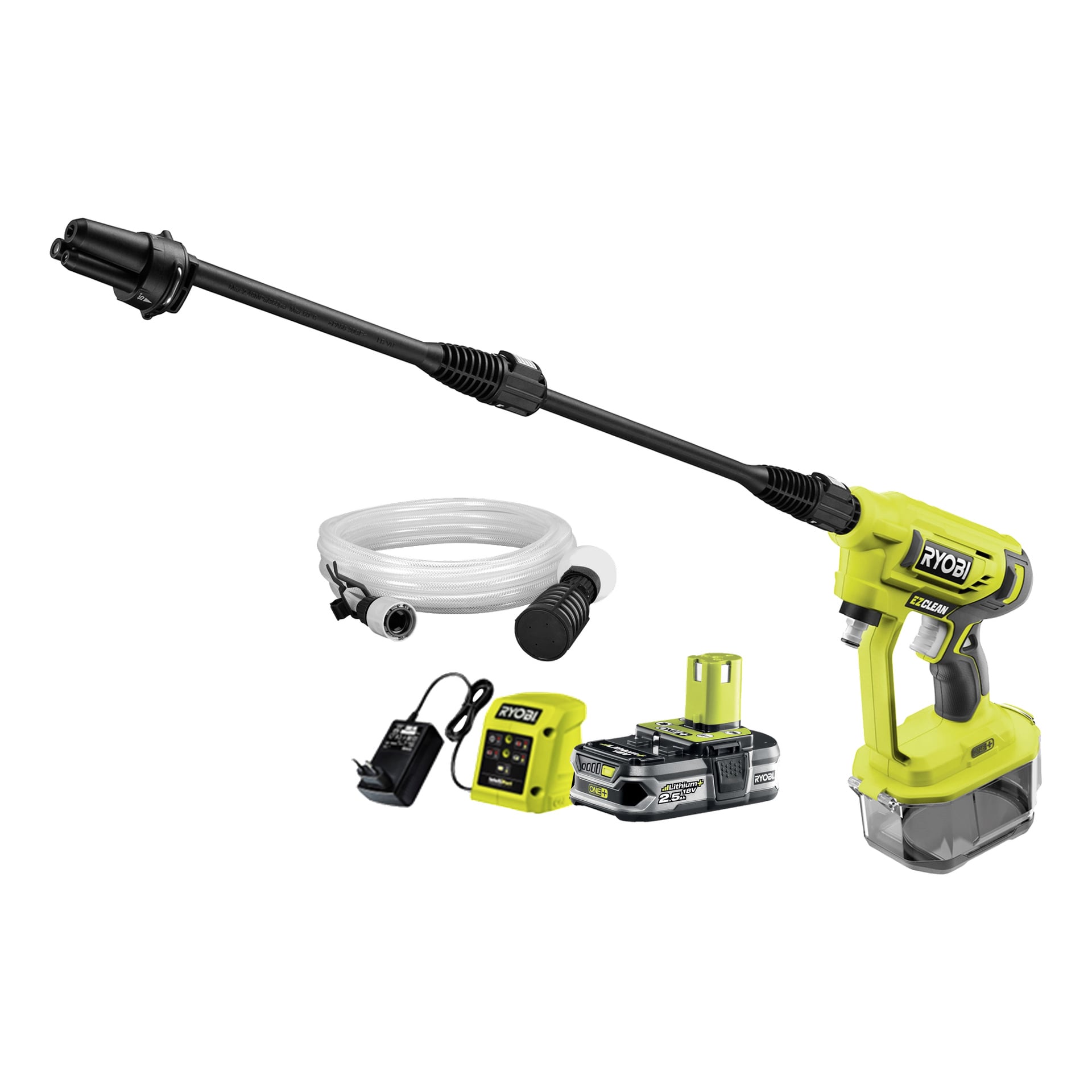 Ett Ryobi One+ batteridrivet medelhögtryckstvättskit RY18PW22A-125 inklusive tvättmaskin, batteripack, laddare, slang och olika munstyckstillbehör, allt prydligt uppställt tillsammans.