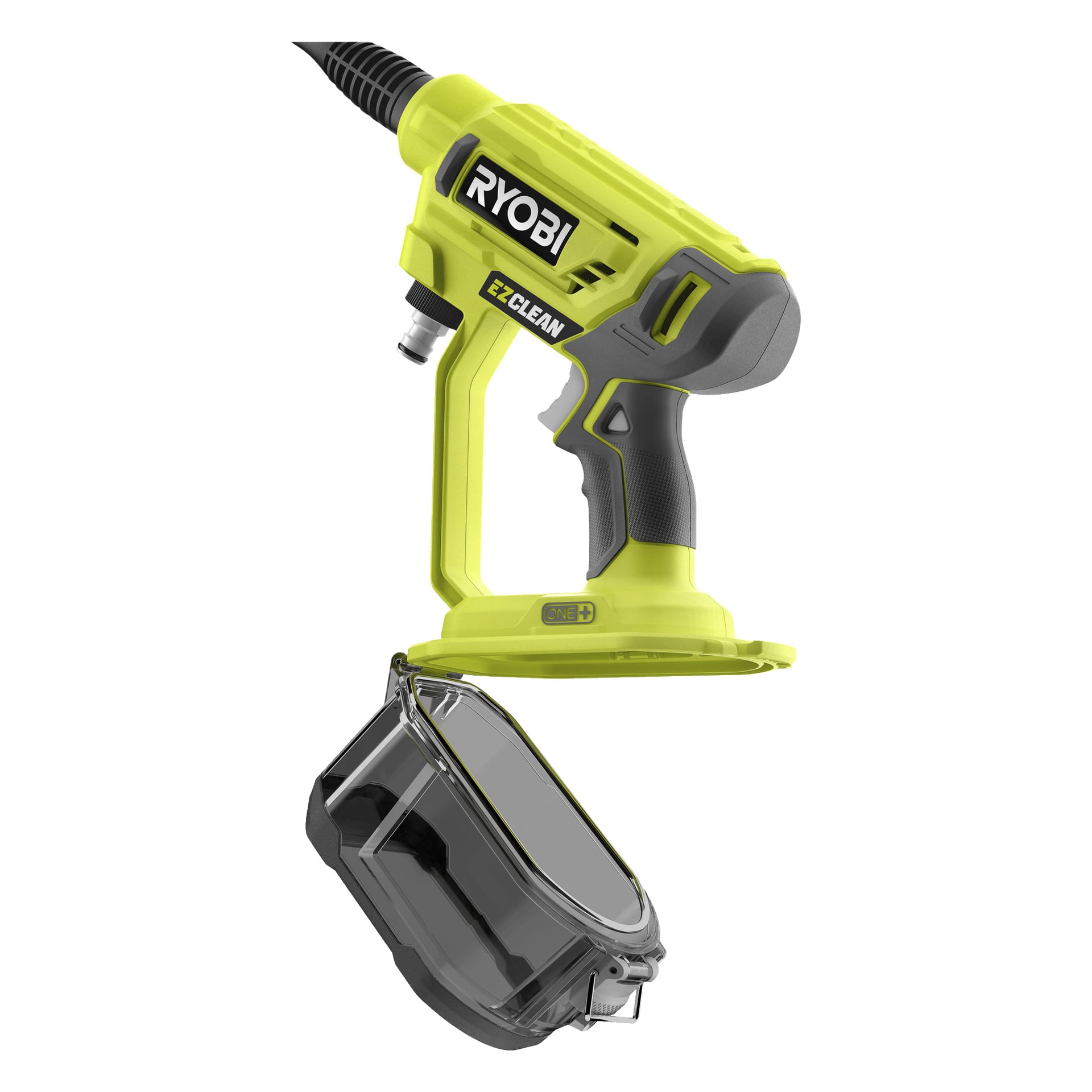 En klargrön Ryobi One+ RY18PW22A-125 medeltrycks, batteridriven tvättmaskin med svart och grått handtag. Den genomskinliga tanken för tvål eller vatten tas bort och placeras direkt under tvättmaskinen.