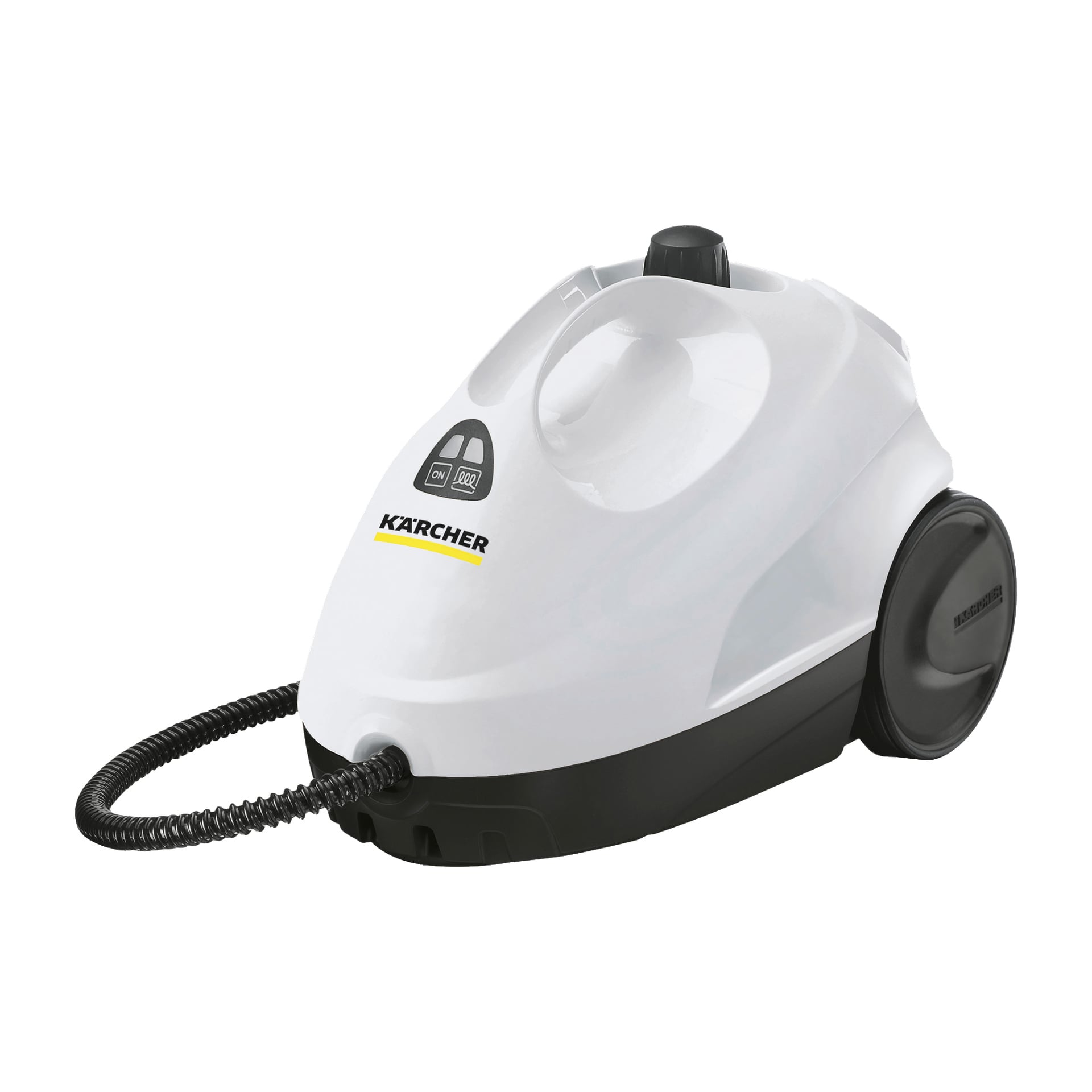 Kärcher SC 2 EasyFix ångrensare är vit med en svart flexibel slang, två framträdande svarta hjul och en toppratt. Sidan har Kärchers logotyp.