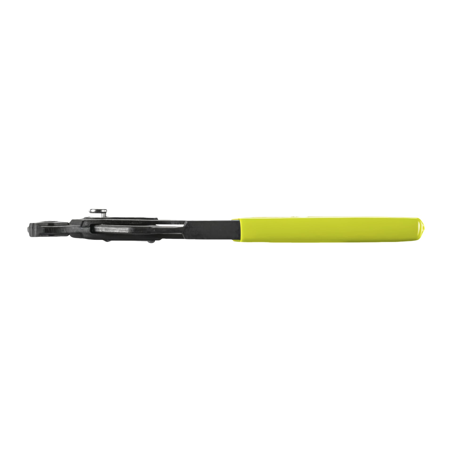 En närbild från sidan av en Ryobi Polygrip-tång med gula handtag och metallgrepp.