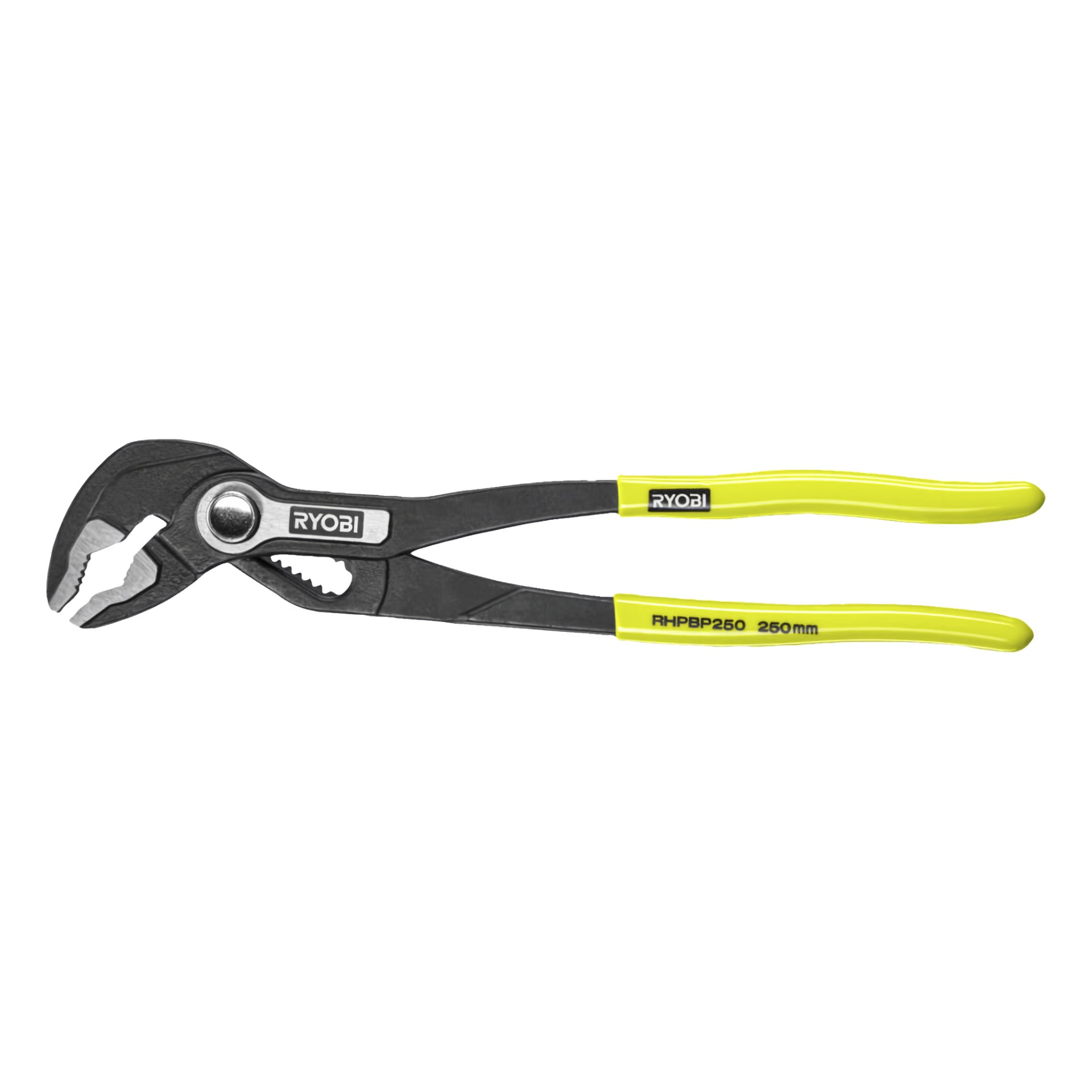 Ett par Ryobi Polygrip-tänger med svart metallram och livfullt gula handtag märkta med "RYOBI" och "RHBPB250 250mm." Tångens käftar är öppna och visar deras justerbara tänder.
