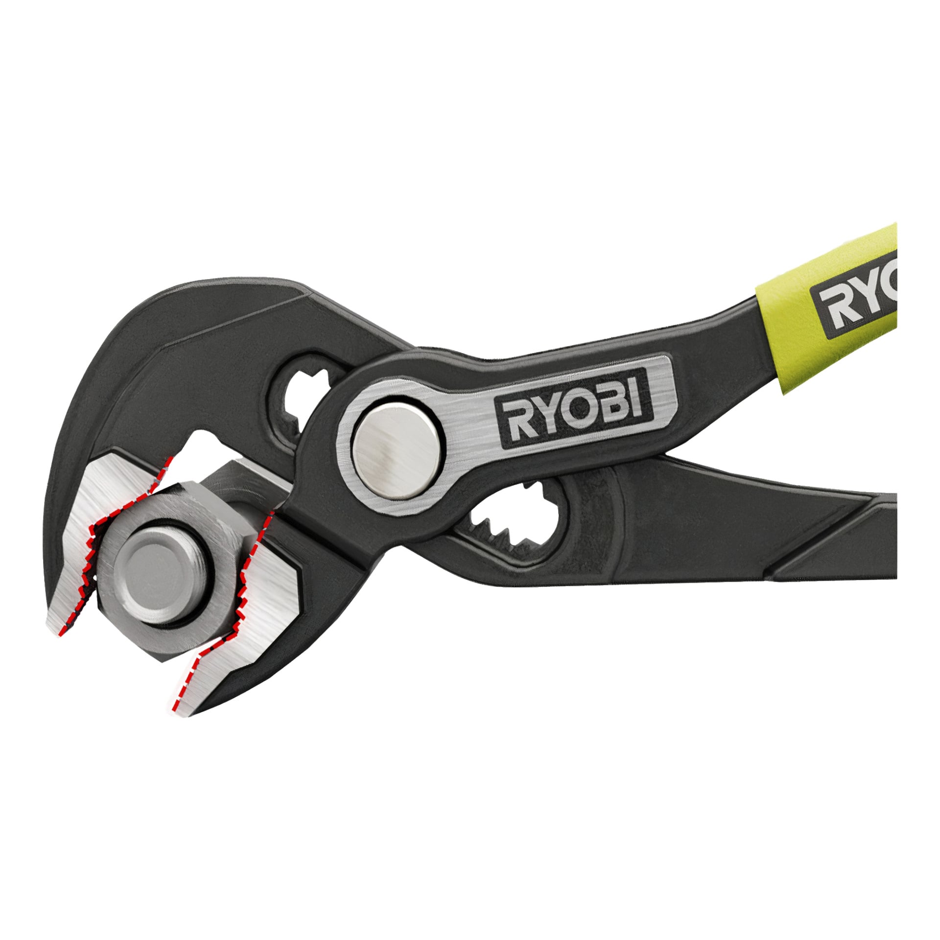 Ryobi Polygrip-tänger håller en sexkantsmutter hårt, med röda streckade linjer som markerar var käkarna och muttern möts.