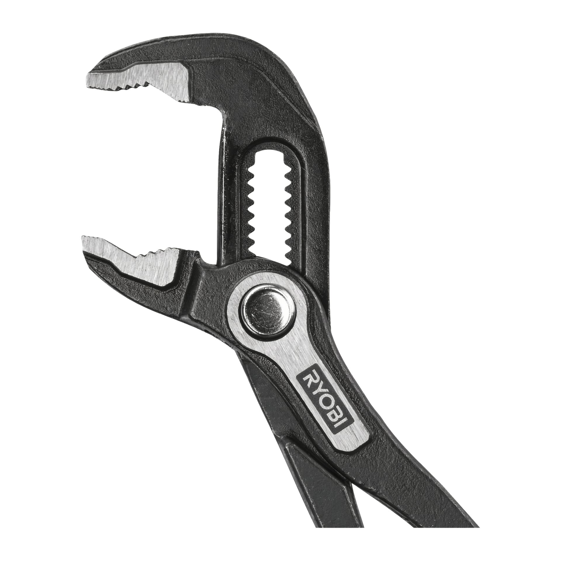 En närbild av svarta Ryobi Polygrip-tänger med öppen käke, spårad justeringsspår och den silverfärgade Ryobi-loggan.