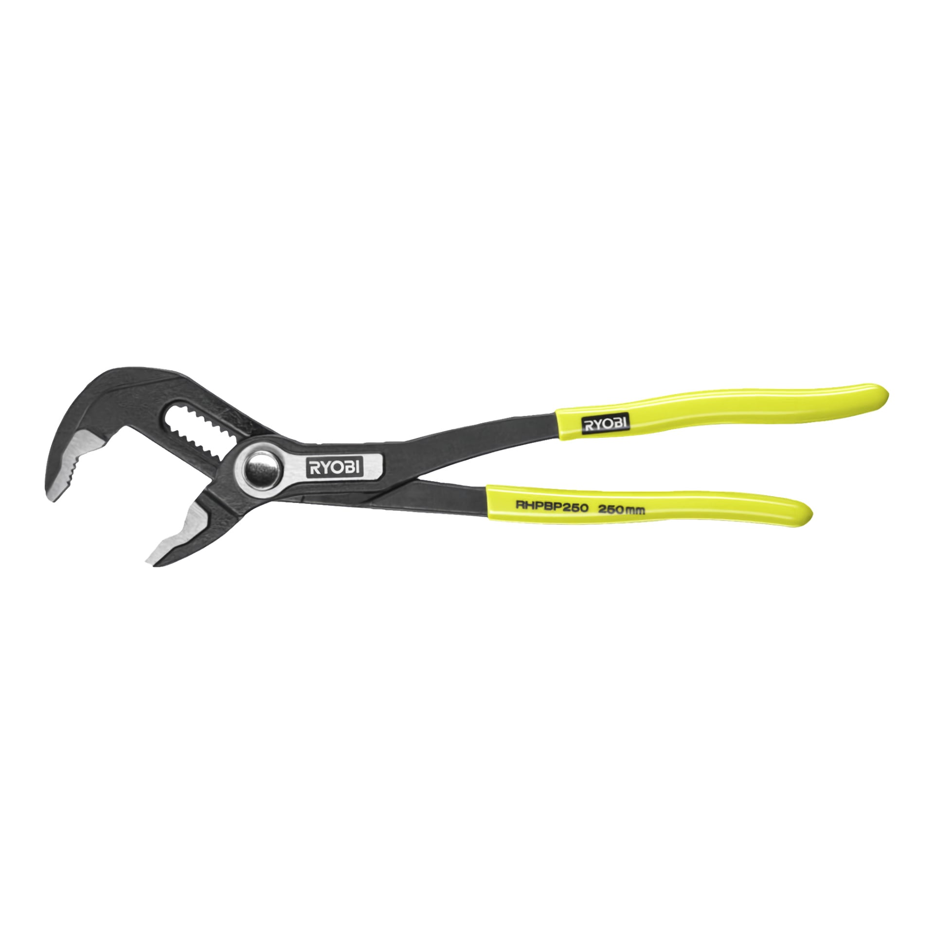 Ryobi Polygrip-tänger, med svart och gul design, 250 mm lång, med tandade käftar och justerbar glidled för varierande bredd.