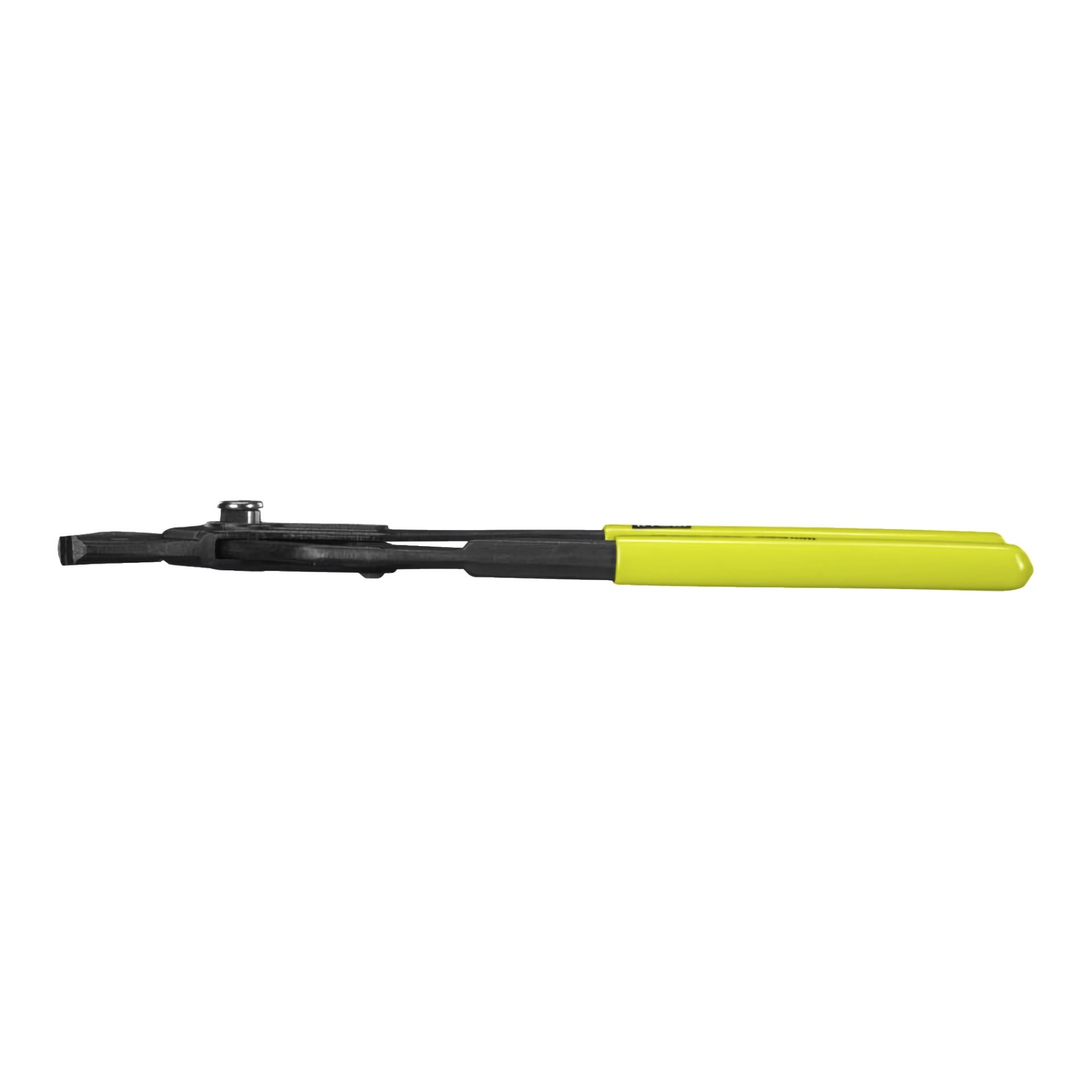En sidovy av Ryobi Polygrip-tänger med gula plastbelagda handtag och en metallkropp designad för krimpning.