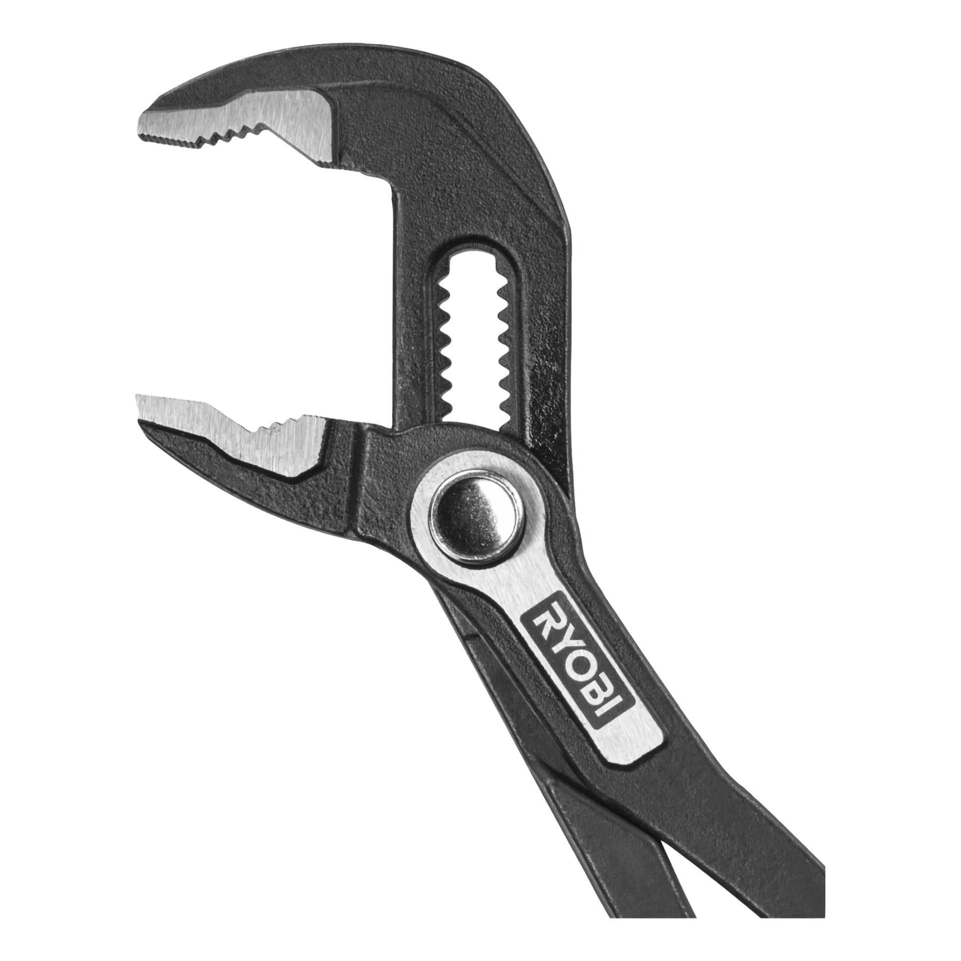 Närbild på svarta Ryobi Polygrip-tänger med silverpivot och tandade käftar, som visar RYOBI-loggan på handtaget.