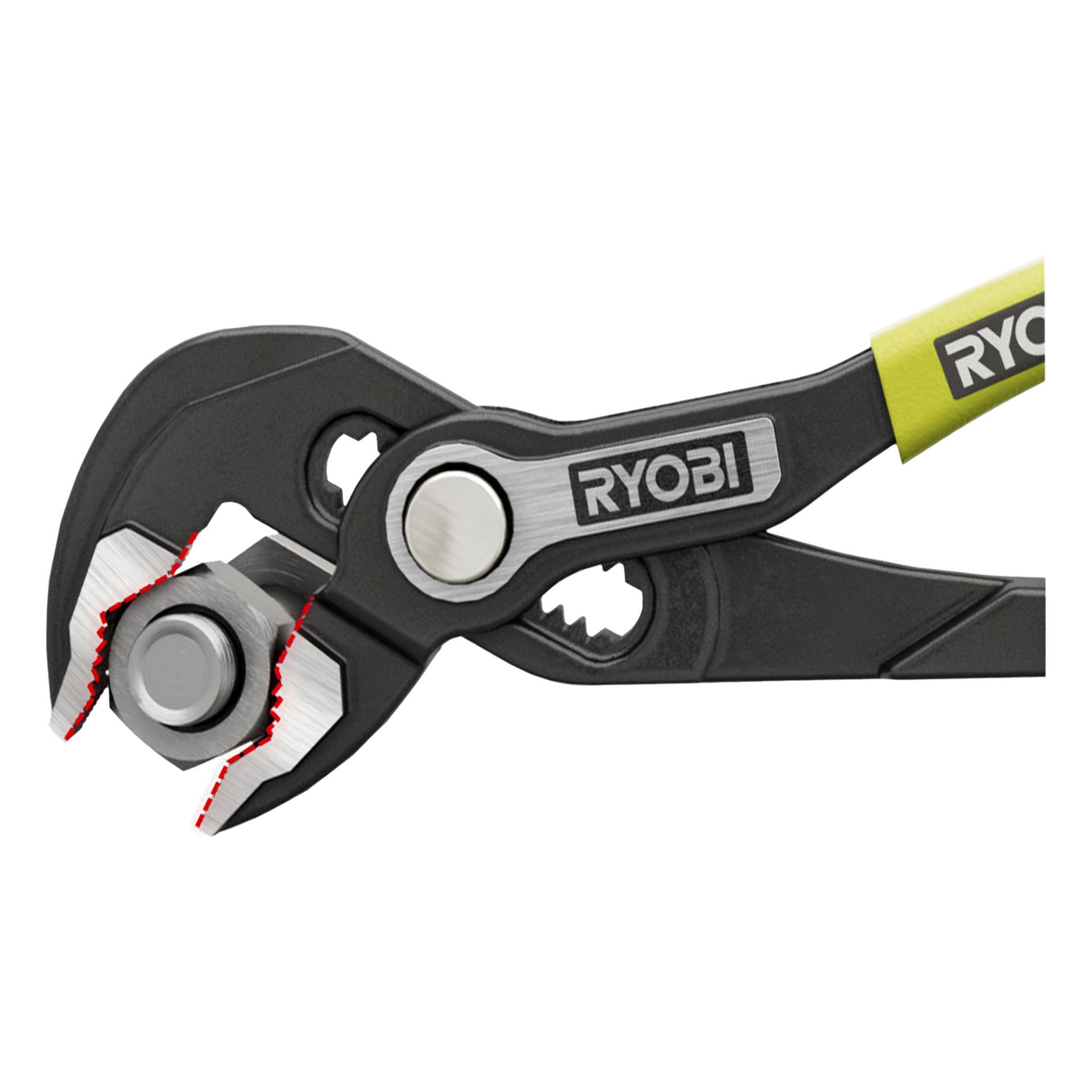 Detaljerad vy av Ryobi Polygrip-tånger som klämmer fast en sexkantig mutter, med röda streckade linjer som markerar kontaktytorna mellan käke och mutter.