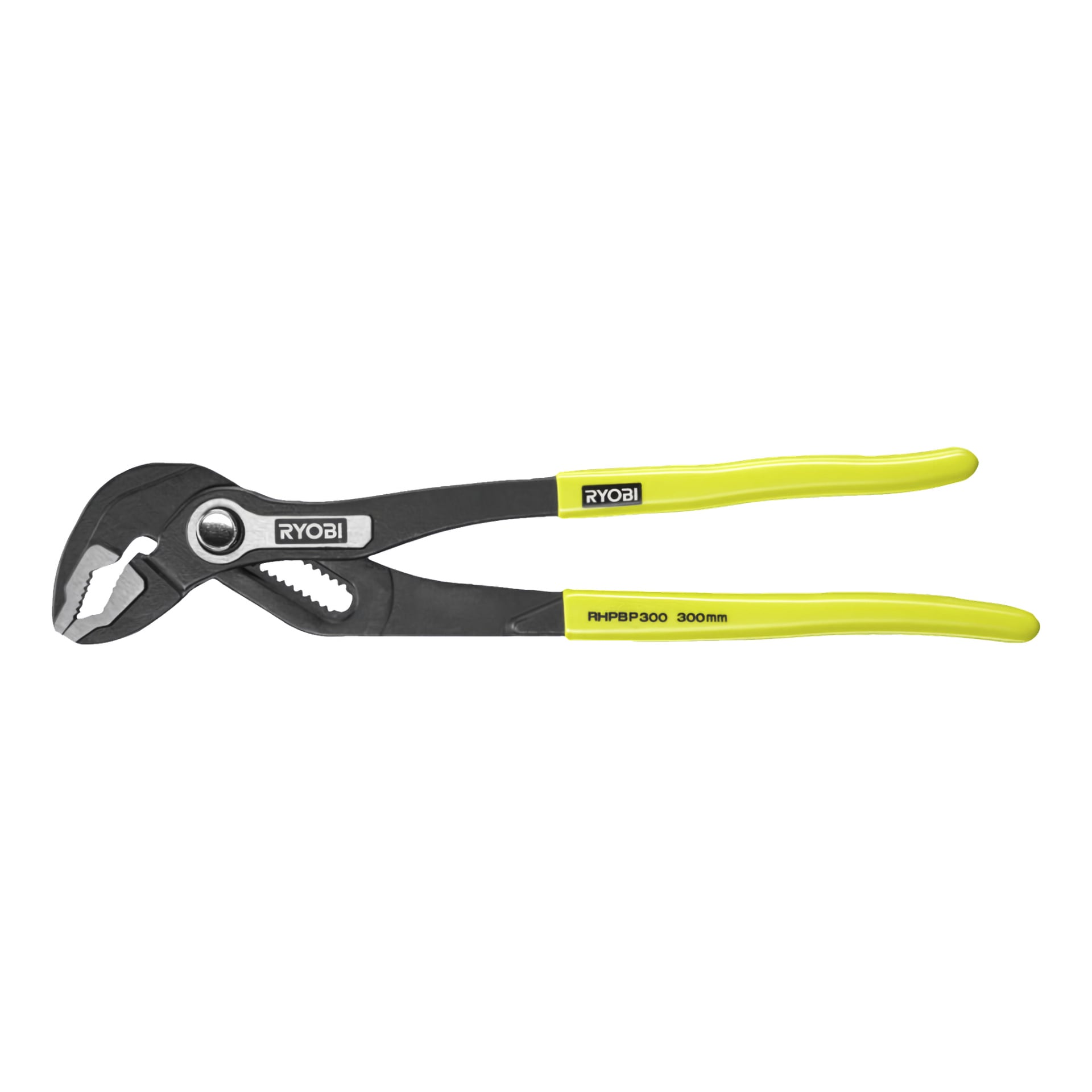 Ett par Ryobi Polygrip-tänger med svarta käkar och klargula handtag, märkta RYOBI och RHPBP300 300 mm på handtagen.