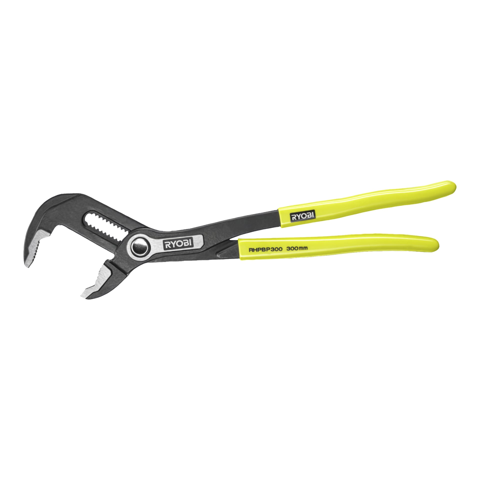 Ryobi Polygrip-tång med klargula handtag och svart metallkäke, märkt med RHPBP300 300 mm.