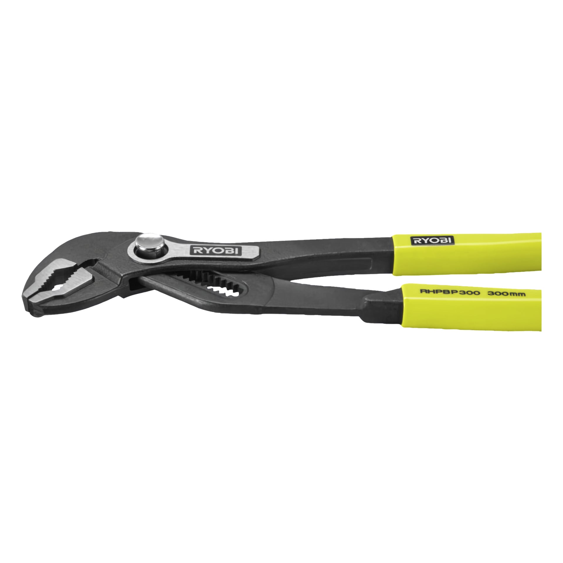 Ett par Ryobi Polygrip-tänger med gula handtag, märkta RHPBP300 300 mm. Käftarna är delvis öppna och avslöjar sågtandade greppytor.
