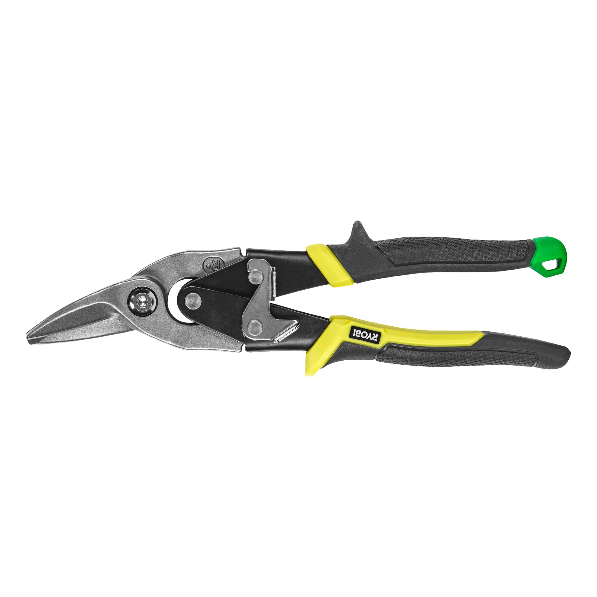 Ryobi Metal Axs RHASR med ett metallskärhuvud, svarta handtag med struktur för grepp och gula accenteringar, samt en grön ögla fäst i änden av ett handtag.