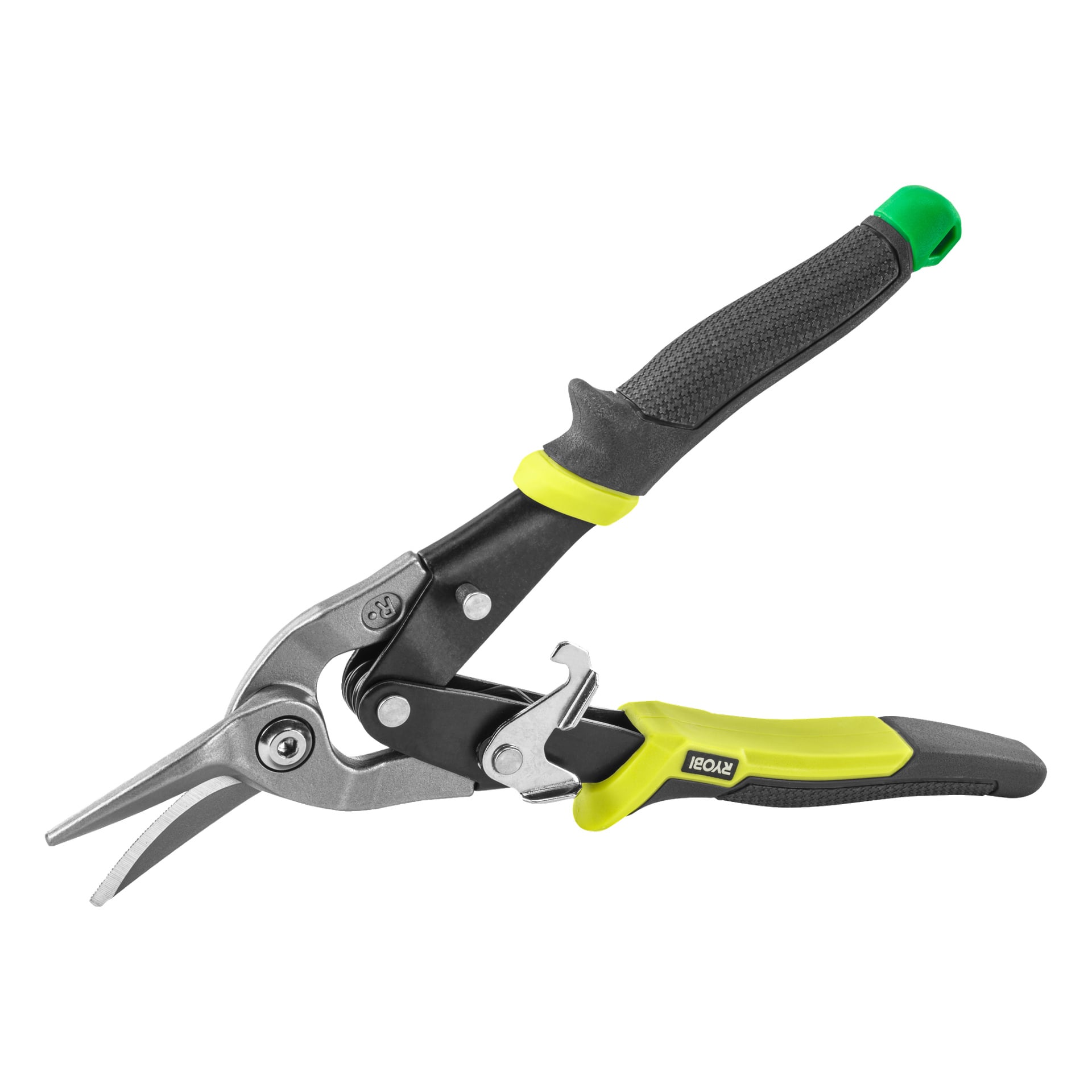 Ryobi Metal Saxs RHASR med grönt och gult handtag samt svart grepp, med ett böjt metallblad för att skära plåt.