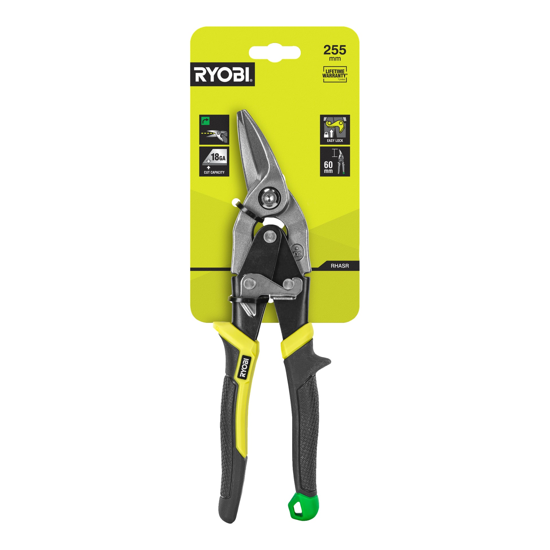 Ryobi Metal Saxs RHASR är förpackade i gult och svart, märkta som 255 mm heavy duty saxar med specifika klippkapacitetsdetaljer och en enkel låsfunktion. Verktyget har ett svart och gult handtag som är avslutat med en grön ögla.