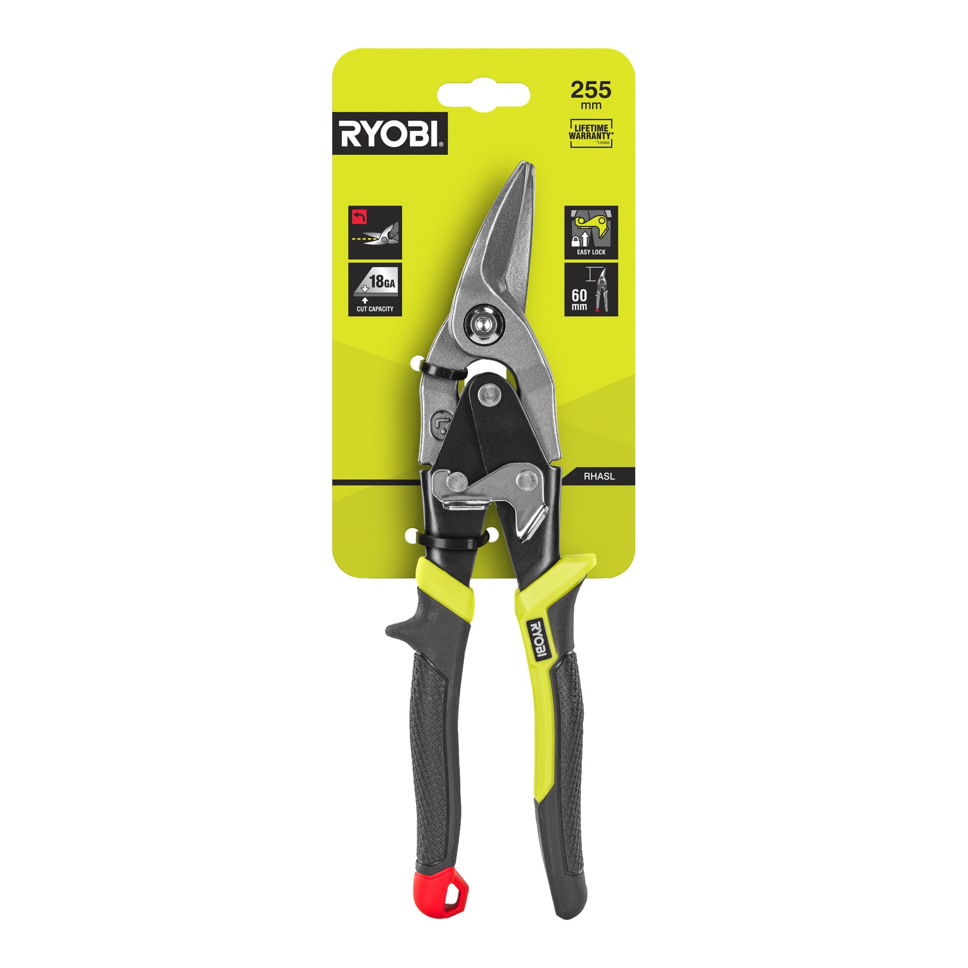 Ryobi Tin Saxs RHASL visas i svart och gul förpackning, med en skärkapacitet på 18 gauge, ett säkerhetslås och ett 60 mm blad. Ryobi-logotypen syns i det övre vänstra hörnet av paketet.