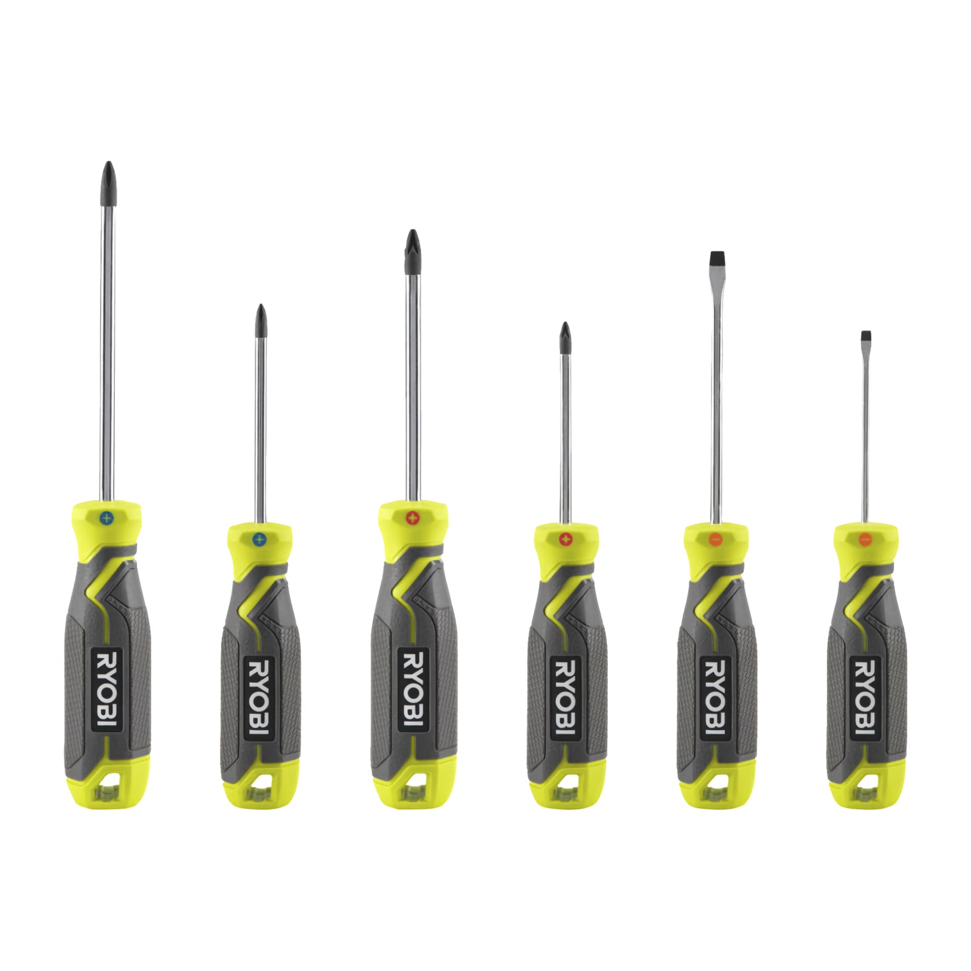 Ett set med sex Ryobi RHSDS6PC skruvmejslare står upprätt i rad, var och en med distinkta grå och gula handtag märkta med Ryobi-logotypen. Kollektionen visar upp olika spetstyper och storlekar, inklusive både flathead och Phillips-huvuden.
