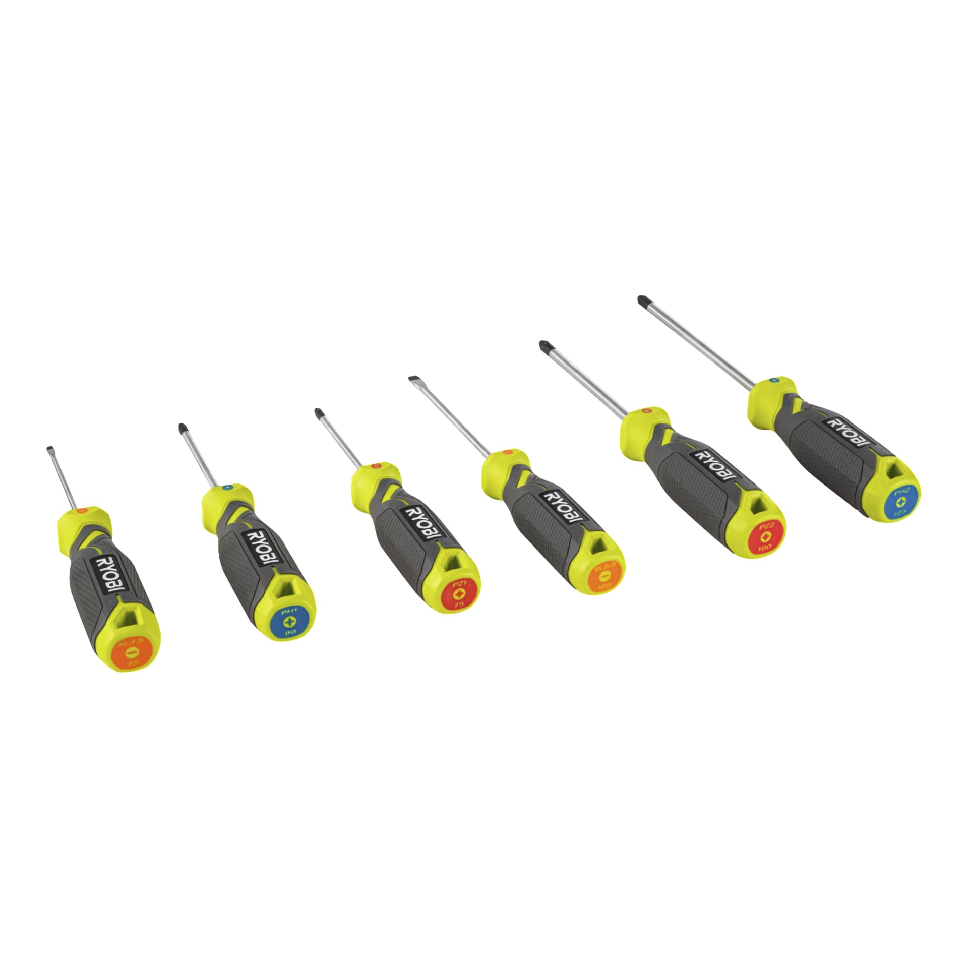 Ett set med sex Ryobi-skruvmejslare från RHSDS6PC sexdelade samling är uppradat, inklusive tre Phillips- och tre flatskruvskruvmejslar. Varje verktyg har en unik storlek, svarta och gröna handtag samt ändar som är färgkodade för enkel identifiering.