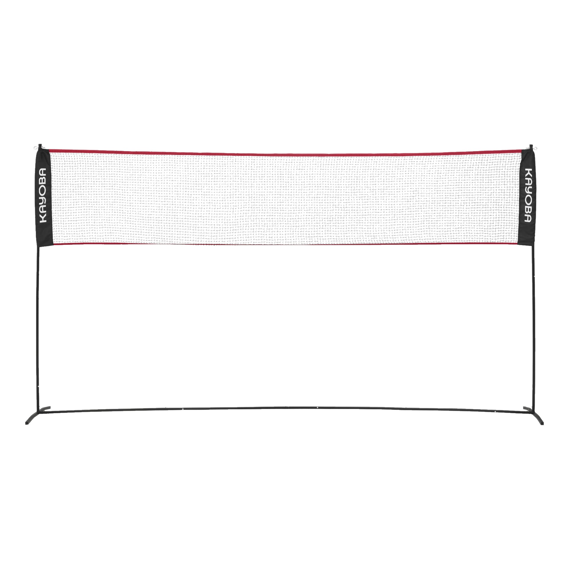 Ett justerbart sportnät från Kayoba med svarta stödstänger och sidopaneler som visar Kayoba-logotypen. Nätet är vitt med ett rött band över toppen, och det har en svart bas.