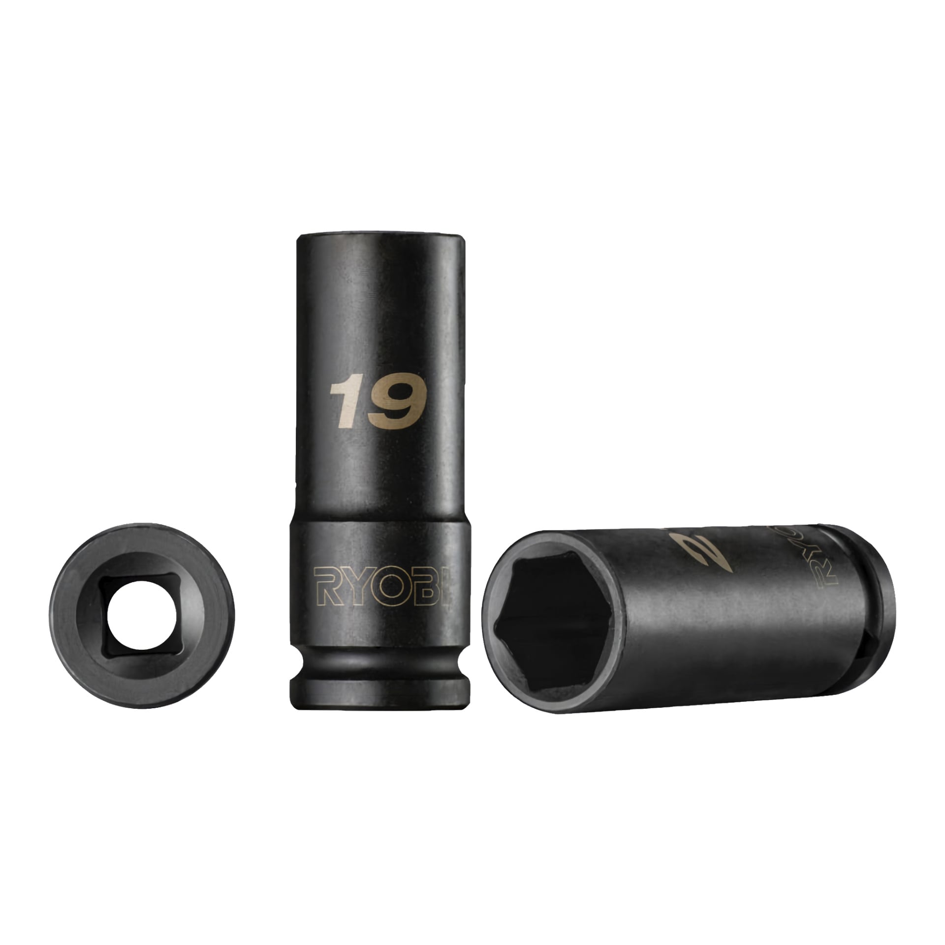 Ryobi RHDIS3PC 19 mm slaghylsa visas från tre vinklar: fram, sida med 19 mm-märkning och en vinklad vy som visar den sexkantiga inre och fyrkantiga drivningen.