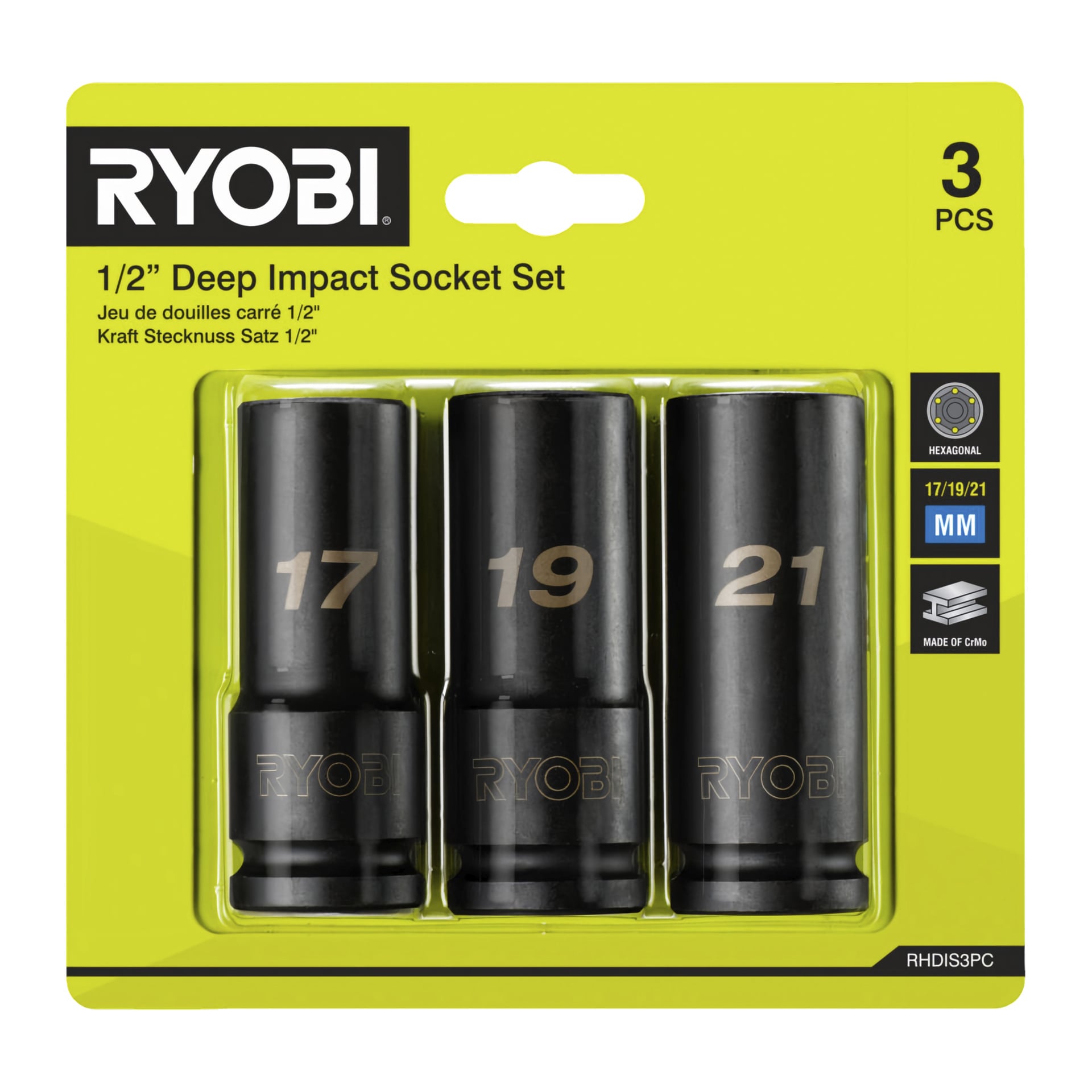 Ryobi RHDIS3PC hylsset med tre delar: 1/2" djupa slaghylsor i storlekarna 17, 19 och 21 mm. Förpackningen är gul, med svart och blå text, med produktdetaljer listade till höger.