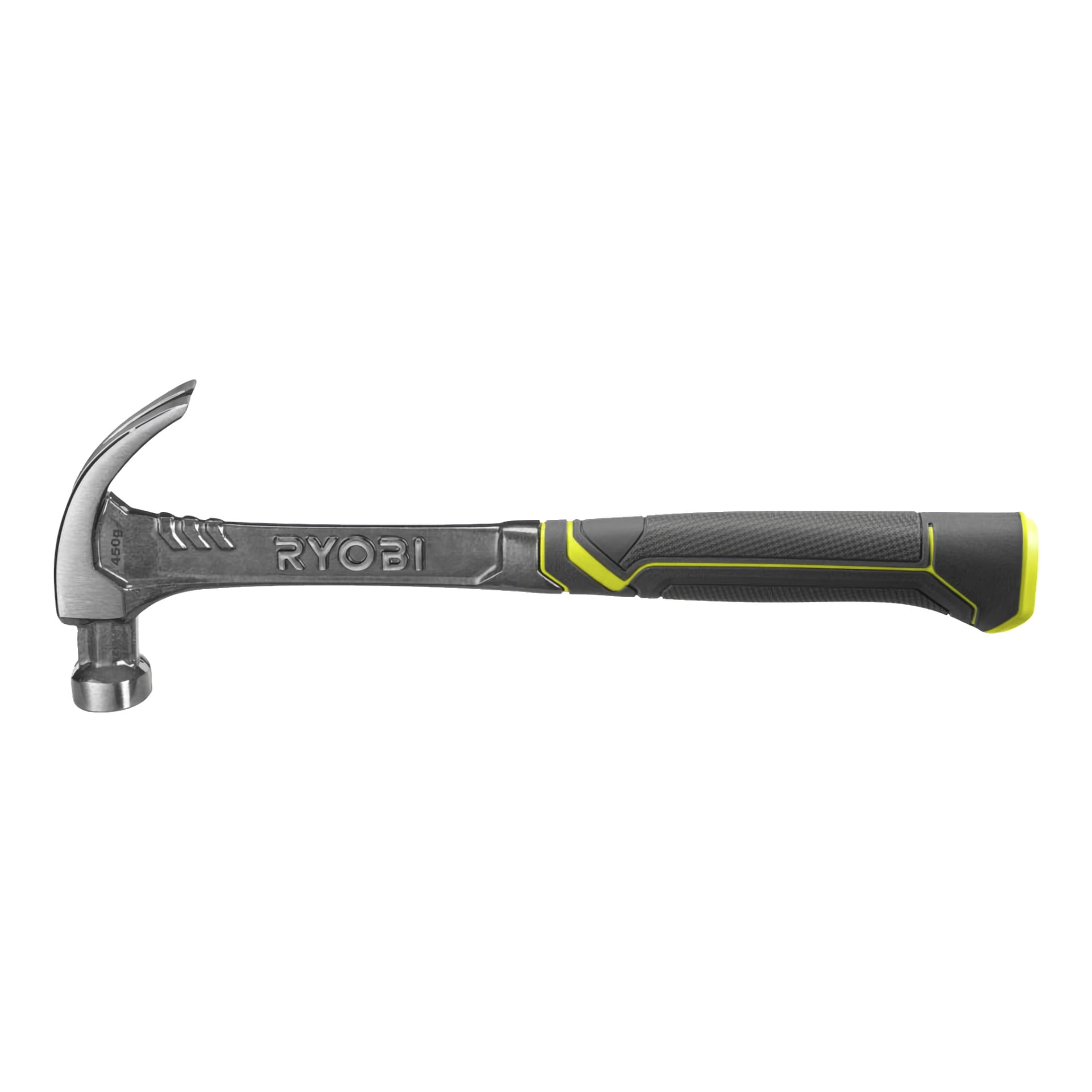 En Ryobi-snickarhammare med ett slitstarkt metallhuvud och ett ergonomiskt svart och gult gummihandtag, lämpligt för att slå in eller ta bort spikar. Hammarens sida visar Ryobis logotyp.