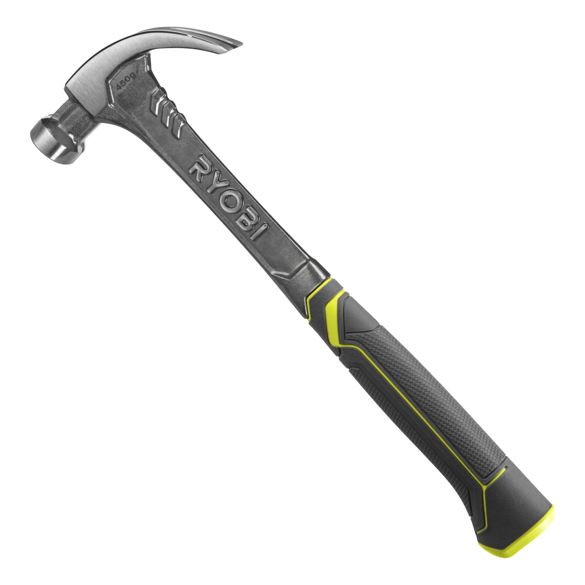 En Ryobi-snickarhammare med ett handtag i svart och grått, framhävd av gula detaljer. Metallhuvudet har en klo på ena sidan för att dra ut spik och en platt yta på den andra för hamrning.