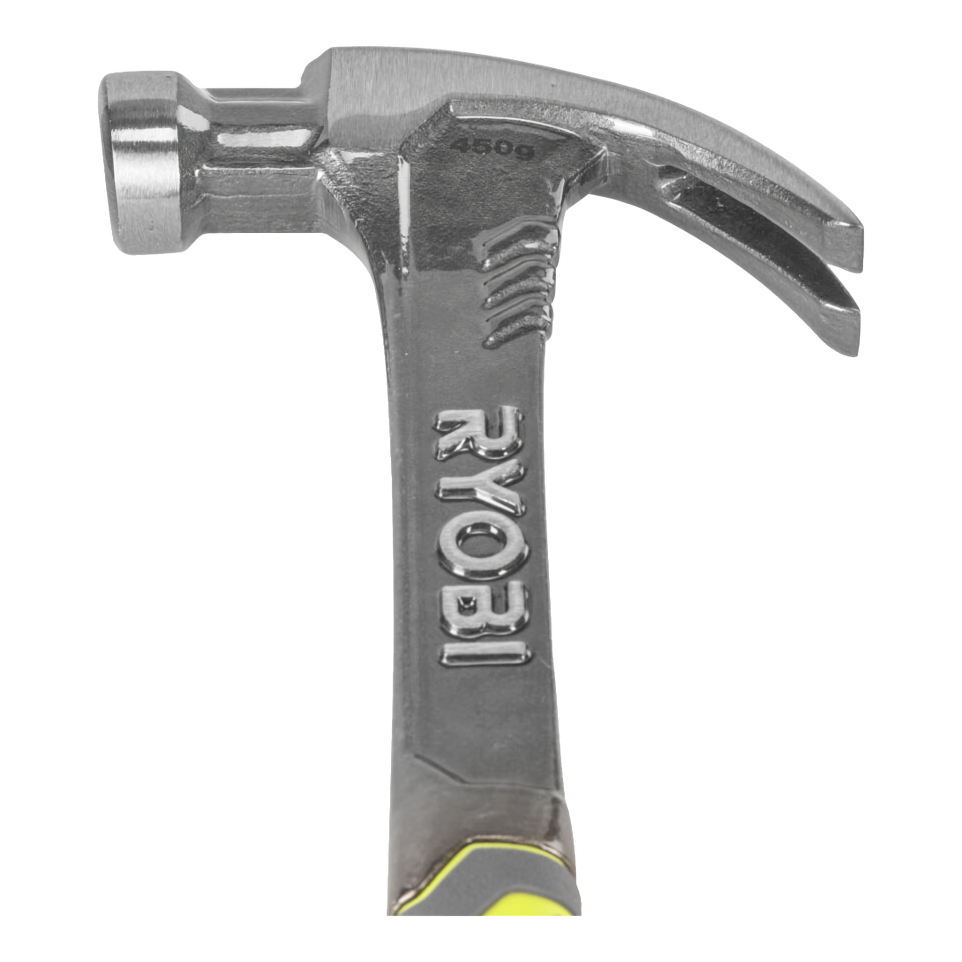 En detaljerad vy av en Ryobi-snickarhammare med ett glänsande metallhuvud, platt ansikte, böjd klo och Ryobi-loggan upphöjd på handtaget.