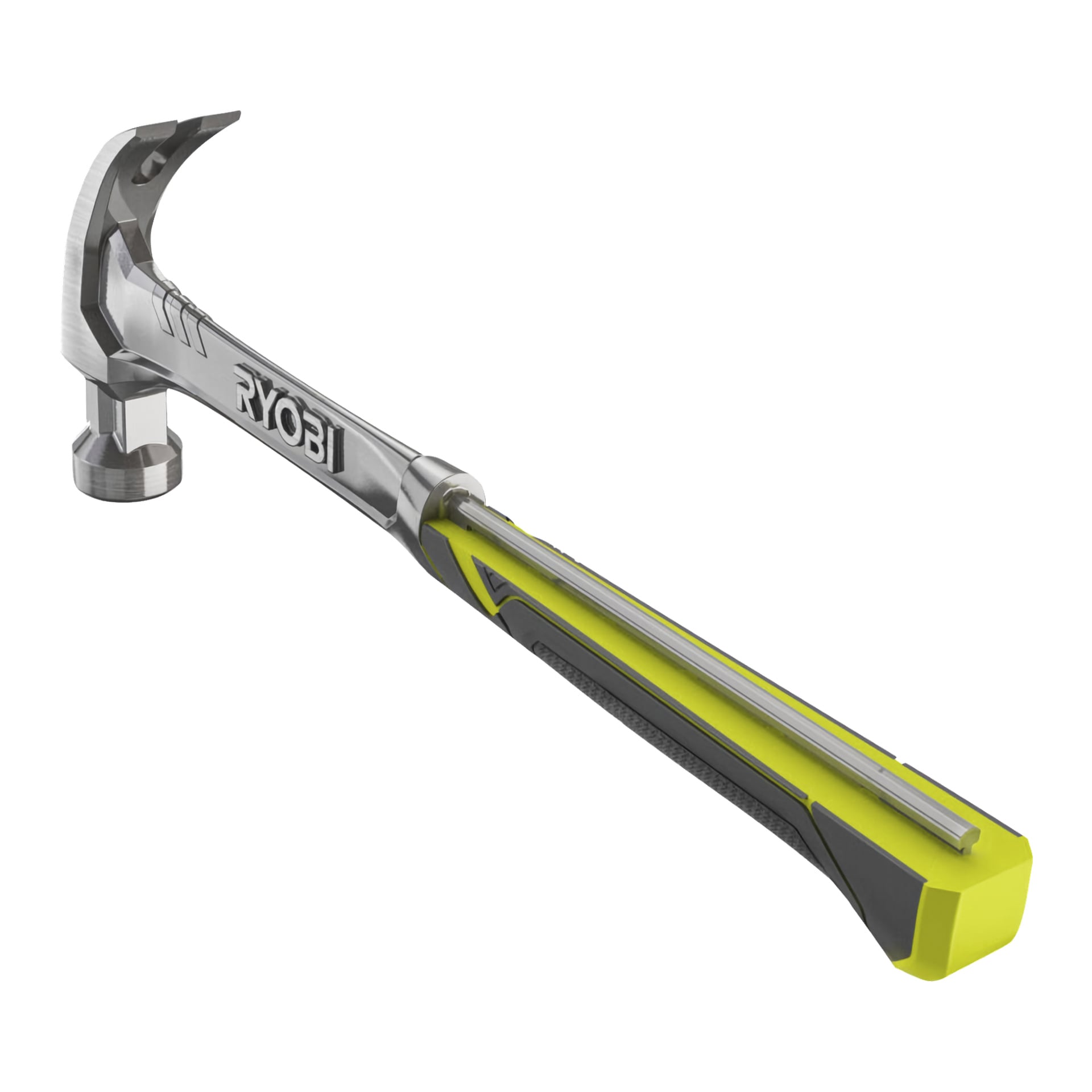 En Ryobi-snickarhammare med ett slitstarkt metallhuvud, en böjd klo för att dra spikar och ett ergonomiskt handtag i gult och svart med Ryobi-logotypen och designat med ett texturerat grepp.