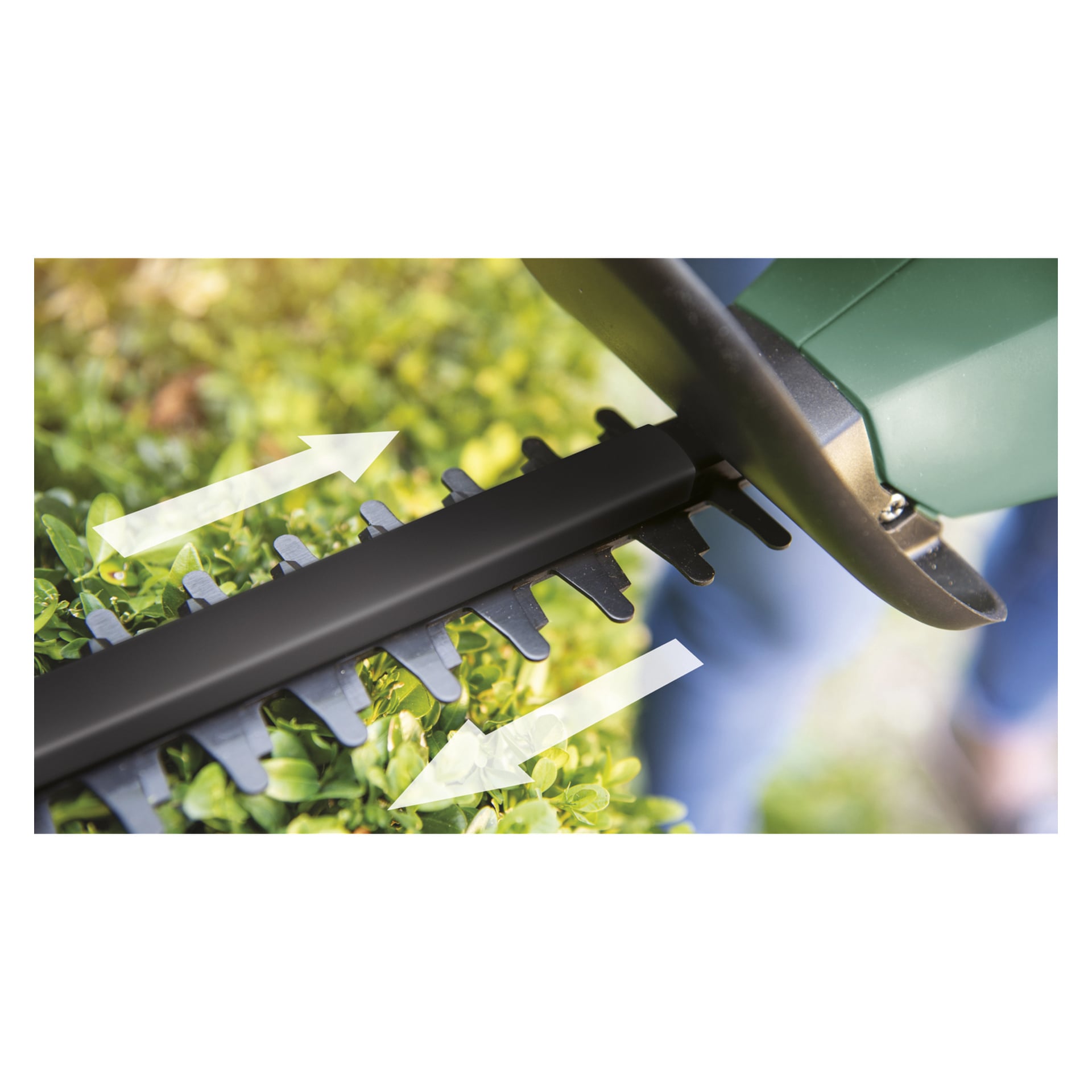 En närbild visar Bosch Power 4 All EasyHedgeCut 18-45 batteridrivna häcksax i bruk, prydligt trimmande av gröna häckar. Två vita pilar visar riktningen på skärbladen.