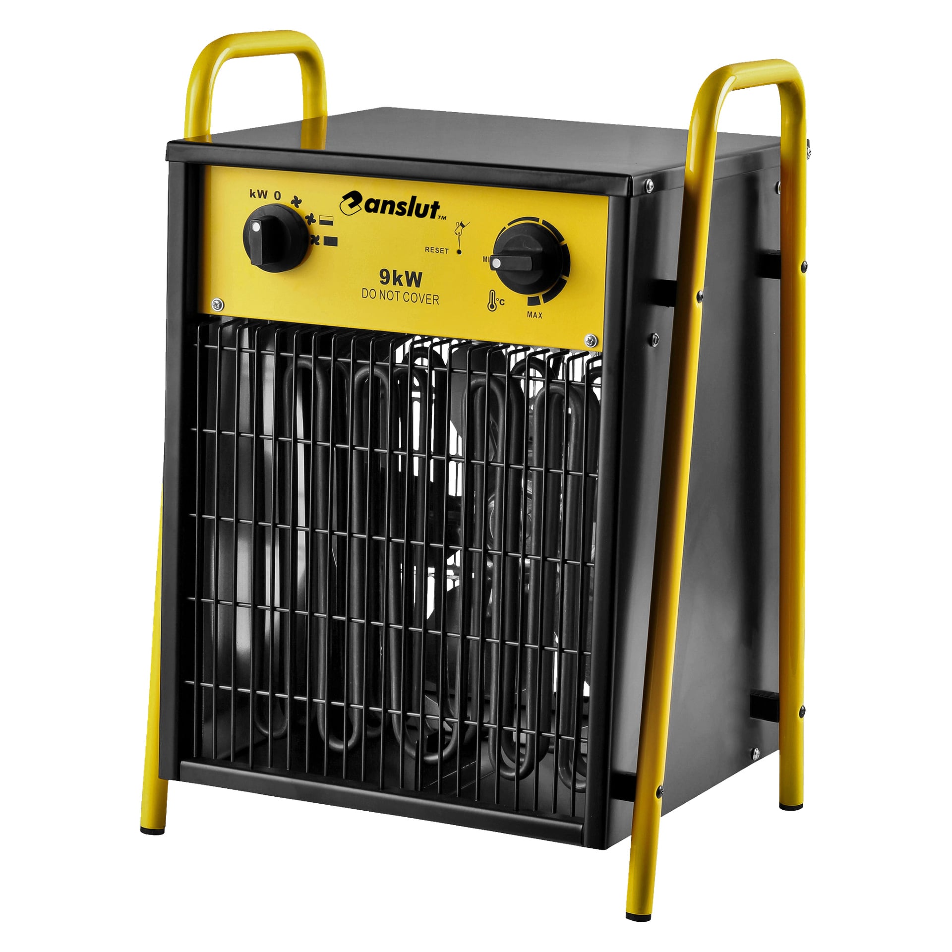 En svart och gul Anslut-konstruktionsvärmare med 9 kW effekt, utrustad med två rattar märkta "kW" och "Heat", ett skyddande galler framtill, stadiga gula handtag och varumärket angivet högst upp.