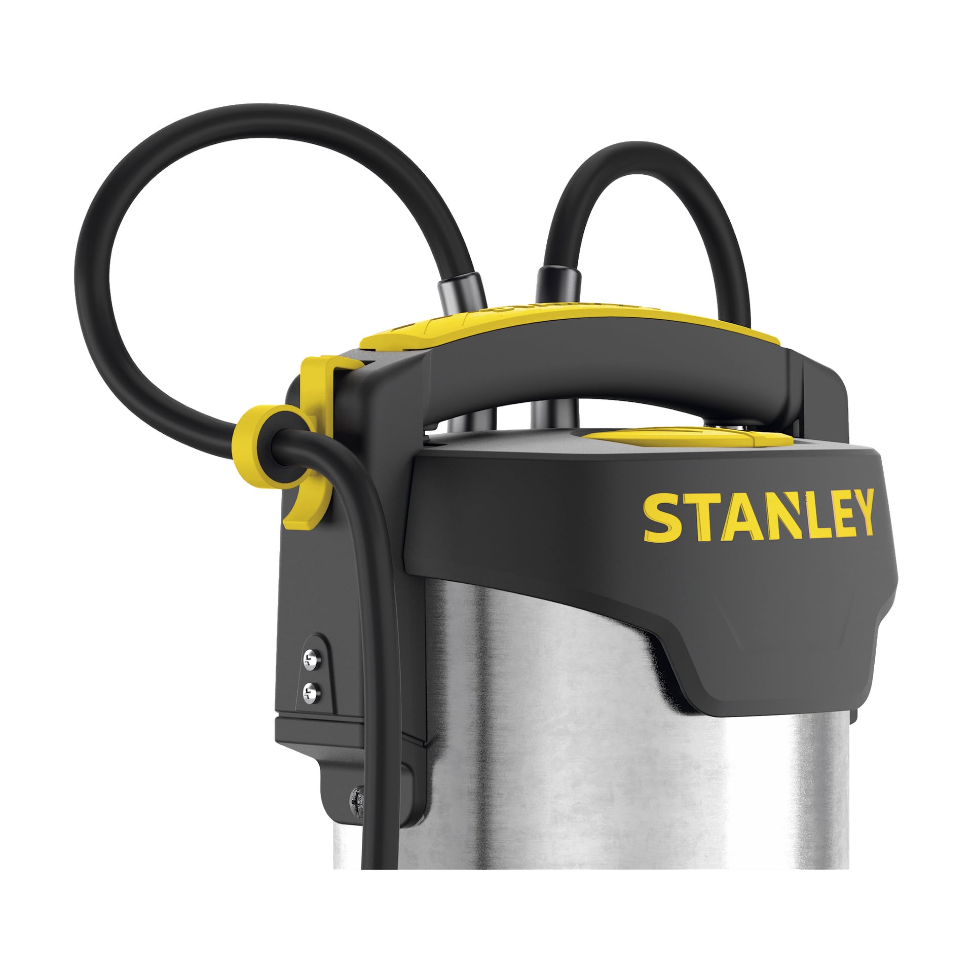 En närbild på Stanley Submersible Pump SXUP1100XDE med en rostfri stålkropp, svart och gult handtag och två svarta kablar kopplade upptill.