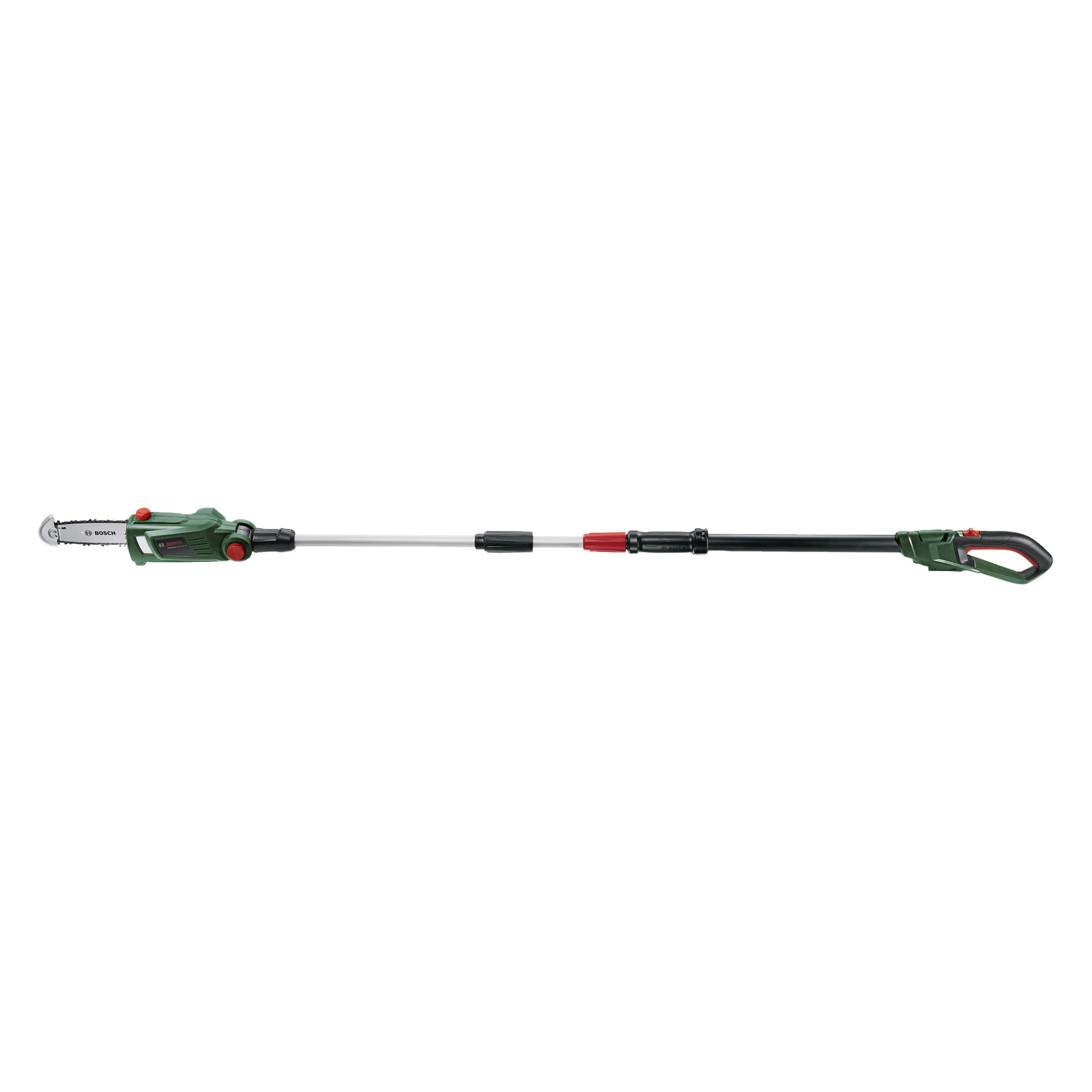 En Bosch Power 4 All UniversalChainPole 18 sladdlös beskärsåg i grönt och svart, designad med ett utdragbart teleskopiskt handtag; ena änden har ett kompakt motorsågsblad, medan motsatt ände har ett avtryckargrepp.