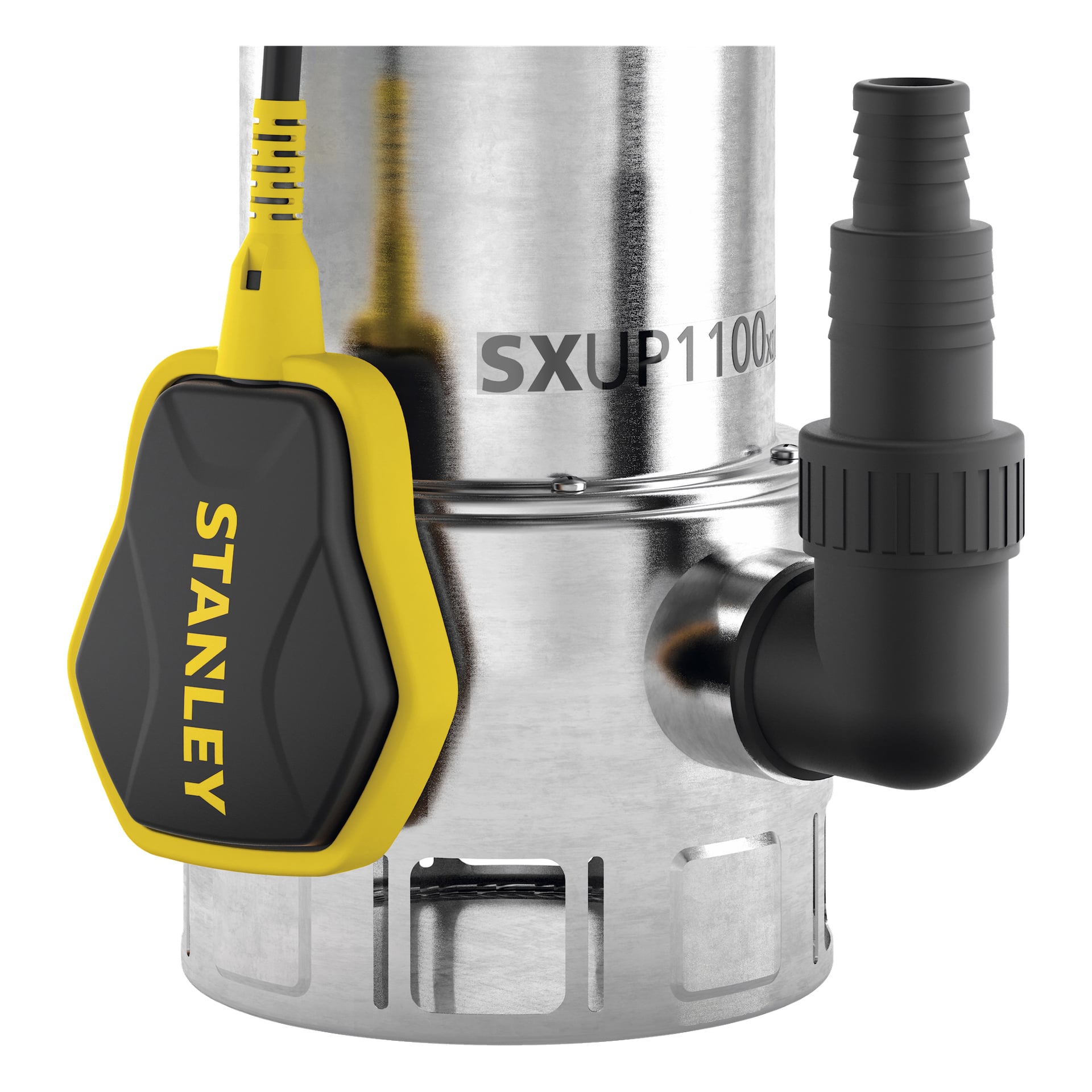 Närbild av Stanley Submersible Pump SXUP1100XDE, tillverkad av rostfritt stål och utrustad med en gul och svart flottörbrytare märkt "Stanley." Pumpen är utrustad med ett svart plastutlopp, och ventilationsöppningar är synliga runt dess bas.