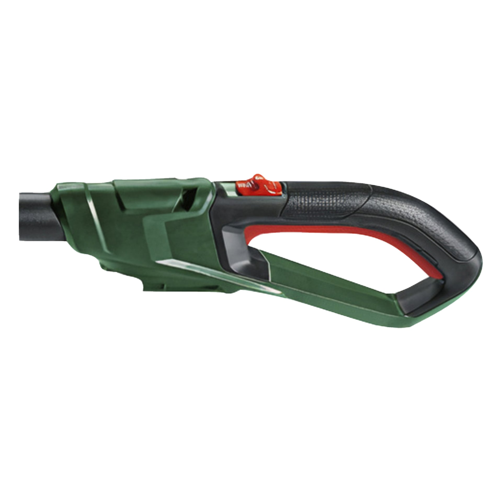 Detaljerad närbild av Bosch Power 4 All UniversalChainPole 18 beskärningssågshandtaget, som visar dess gröna och svarta design med röd avtryckare, ett texturerat greppområde och en röd kontrollknapp placerad nära toppen av teleskophandtaget.