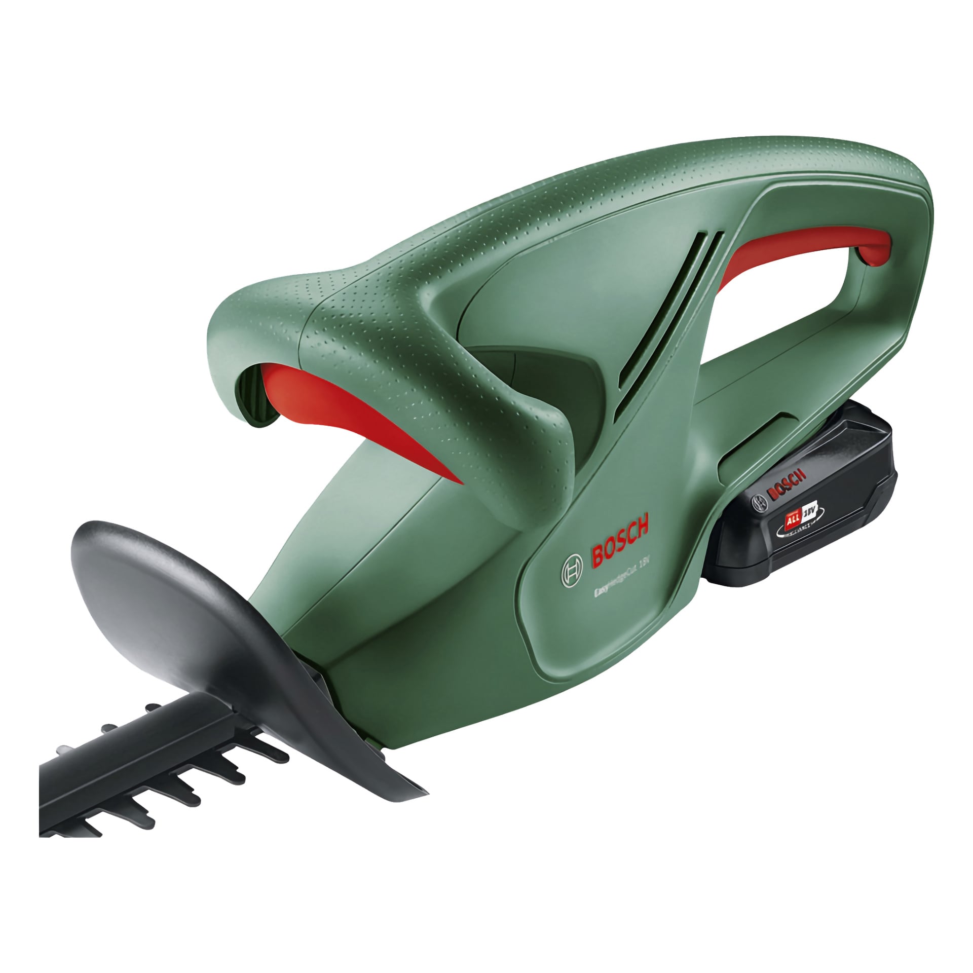 Närbild av den gröna Bosch Power 4 All EasyHedgeCut 18-45 sladdlösa häcksaxhandtaget, med röda detaljer. Fokus ligger på batterifacket, ergonomiskt grepp och en del av det svarta bladet, med Bosch-märkningen tydligt synlig.