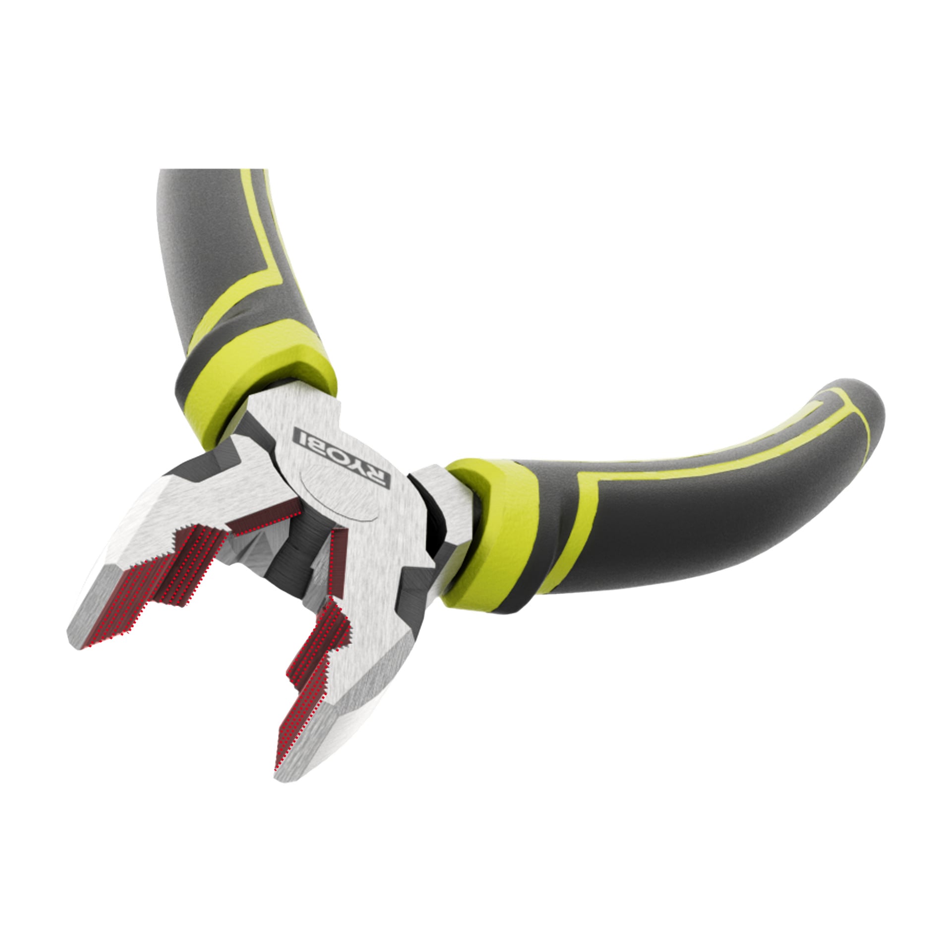 En närbild på Ryobi Combination Pliers RHCP180 har svarta och gula handtag, med metallkäftar med Ryobi-logotypen och röda tandade greppytor, placerade diagonalt.