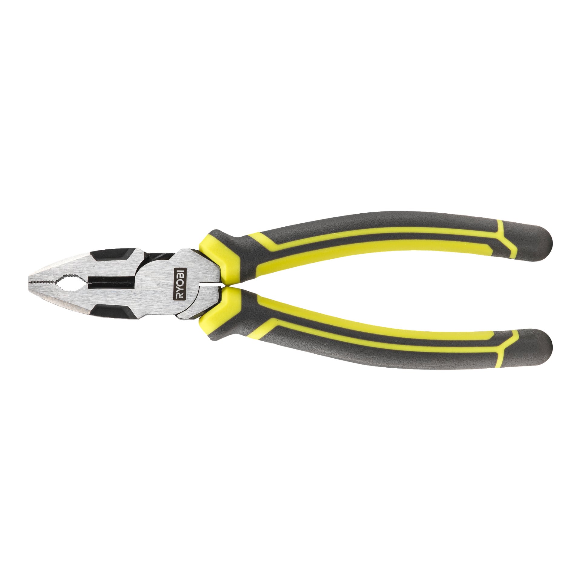 Ryobi Combination Pliers RHCP180 med svarta och gula gummihandtag visas. Metallkäfarna är gjorda för att greppa och skära.