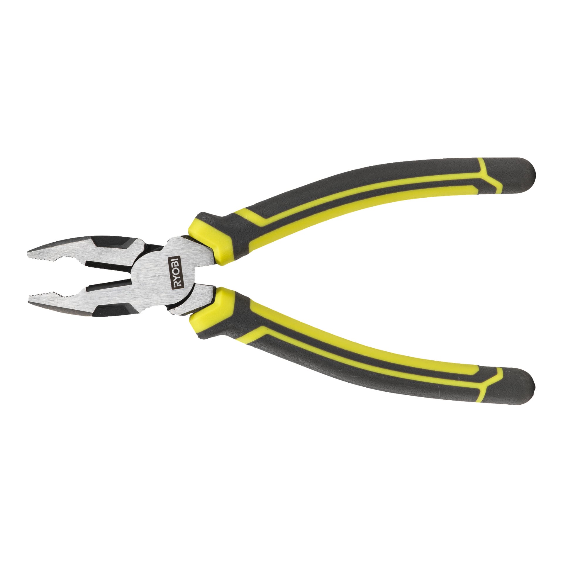 Ryobi Combination Täng RHCP180 ha svarta och gula handtag, med delvis öppna metallkäftar som visar spår för grepp och skärning.