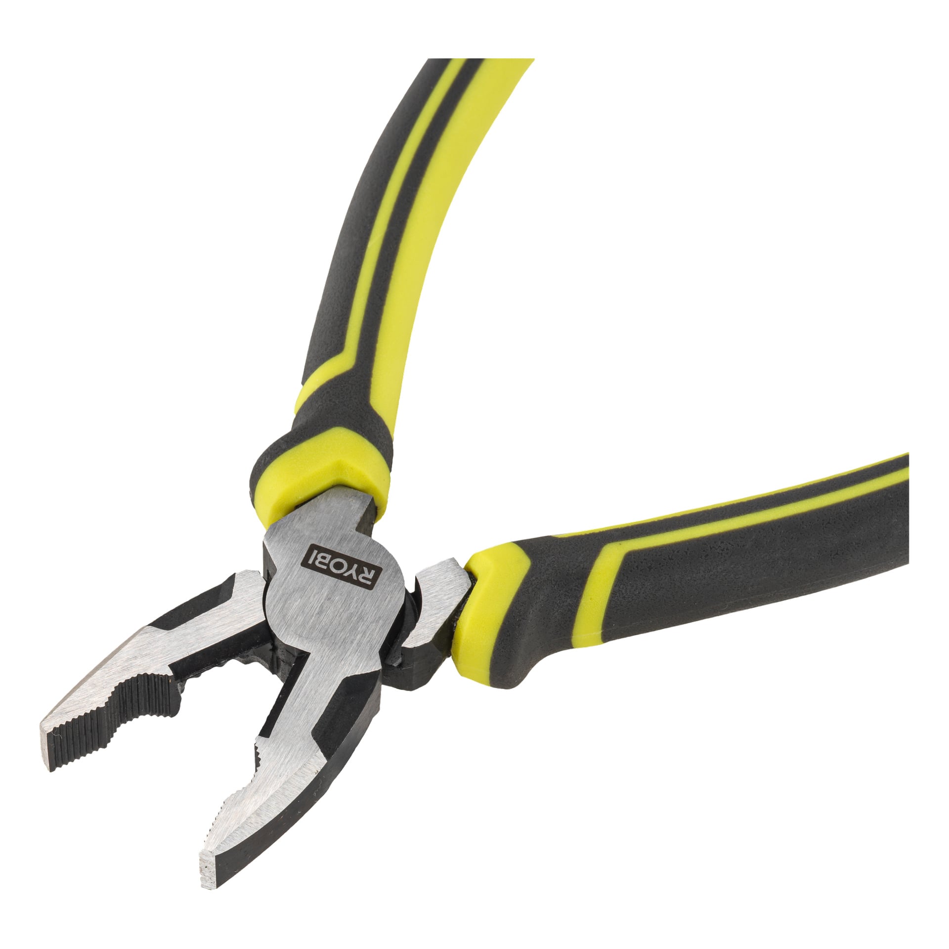 Ryobi RHCP180 kombinationstång med svarta och gula handtag och en silverfärgad metallhake, designad med både greppsektion och skäregg. Ryobi-namnet står på jointen.