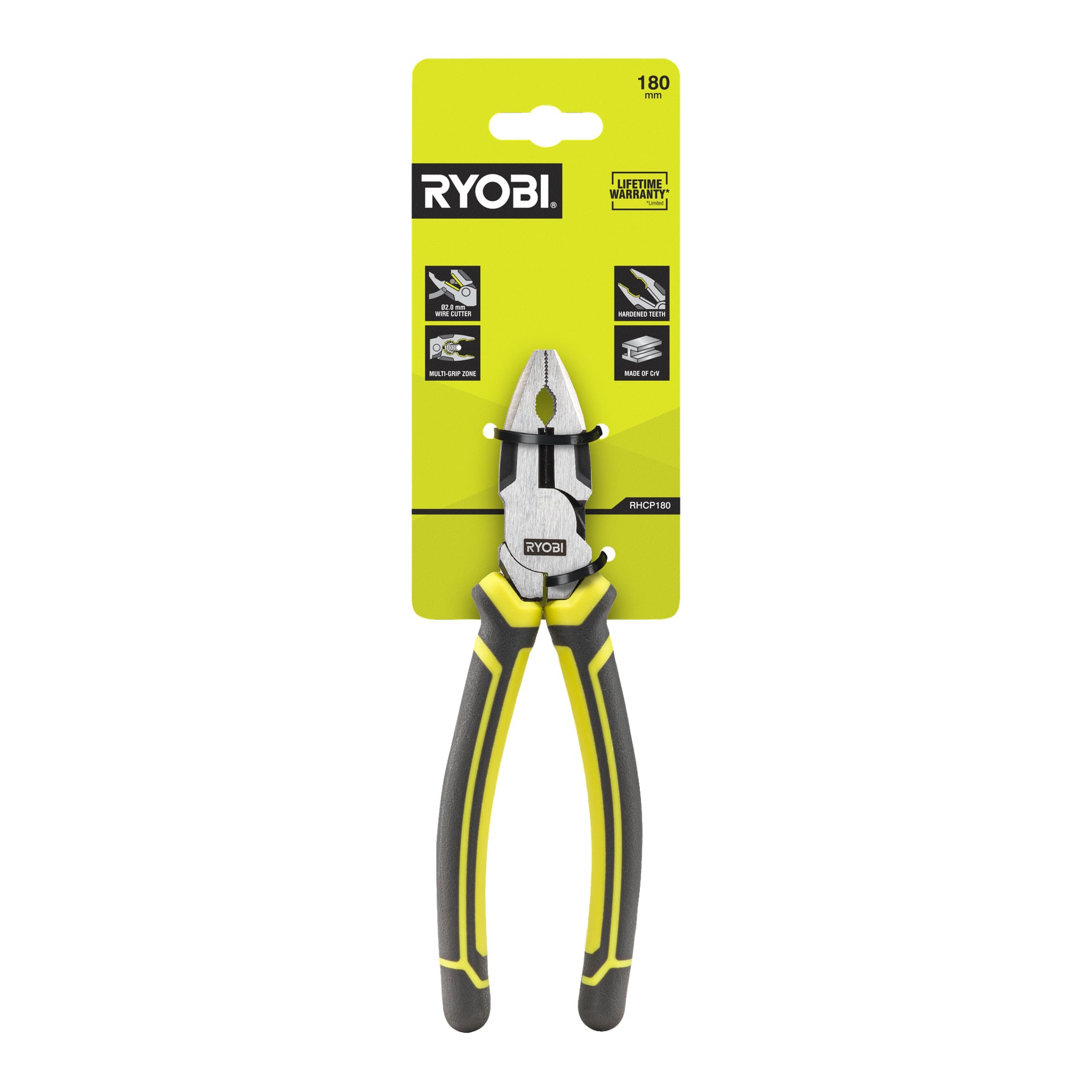 Ryobi Combination Pliers RHCP180 med svarta och gula handtag visas i originalförpackningen, mot ett grönt och gult baksida som framhäver viktiga produktfunktioner och detaljer.