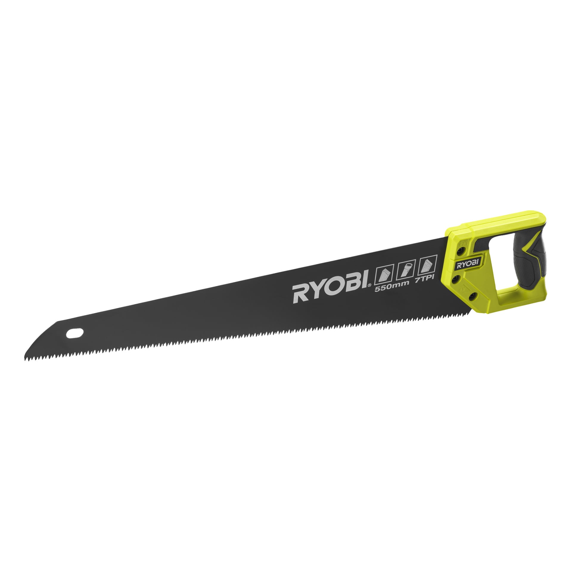 En Ryobi handsåg RHCHS-550 med ett klargult och svart handtag, vass spetsig spets och stora skärtänder har ett svart blad märkt "Ryobi", som mäter 550 mm med 7TPI.