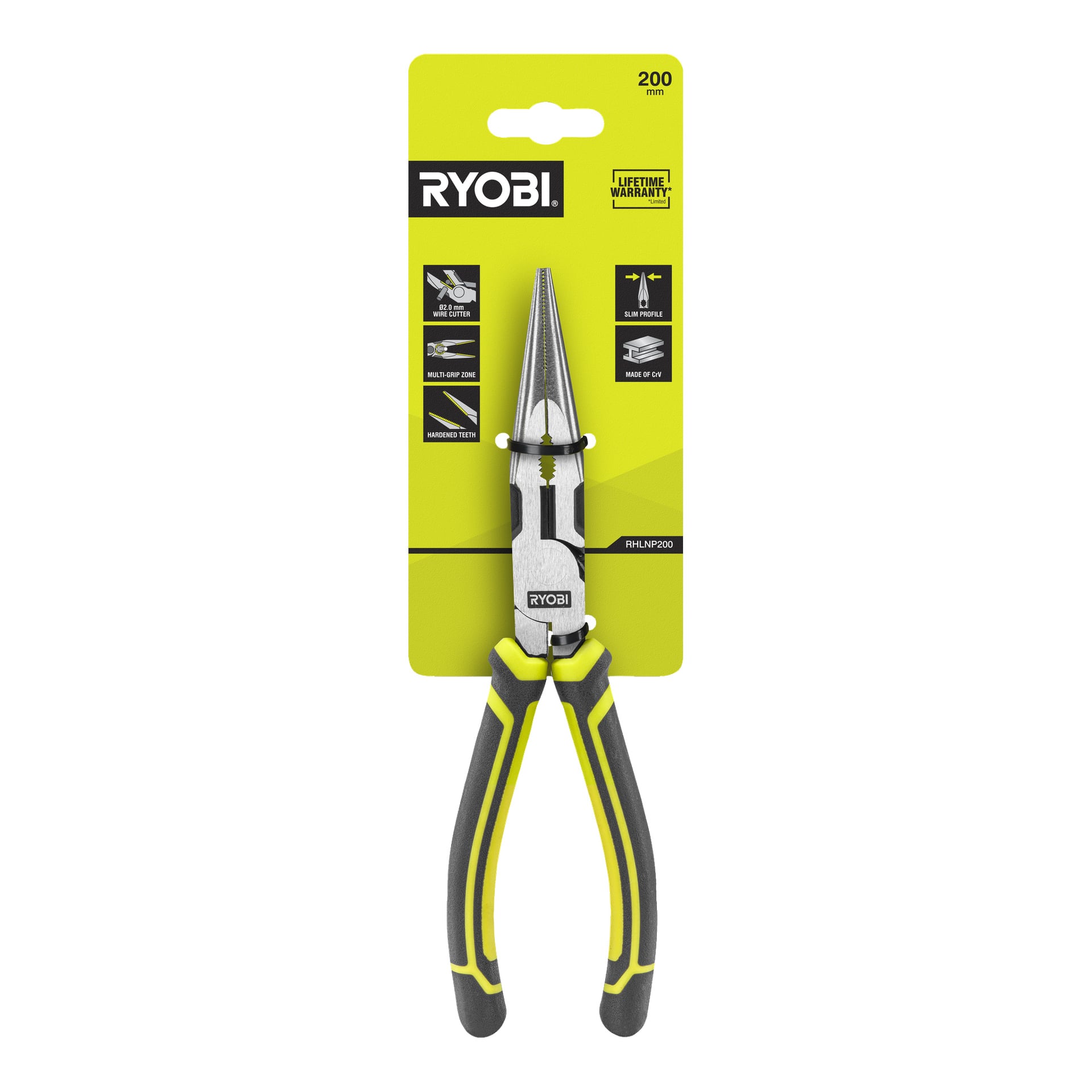 Ryobi Snipe Nose Pliers RHLNP200 utställd i grön och gul förpackning, med svart och gult handtag, metallkäkar och detaljerad produktinformation på förpackningen.