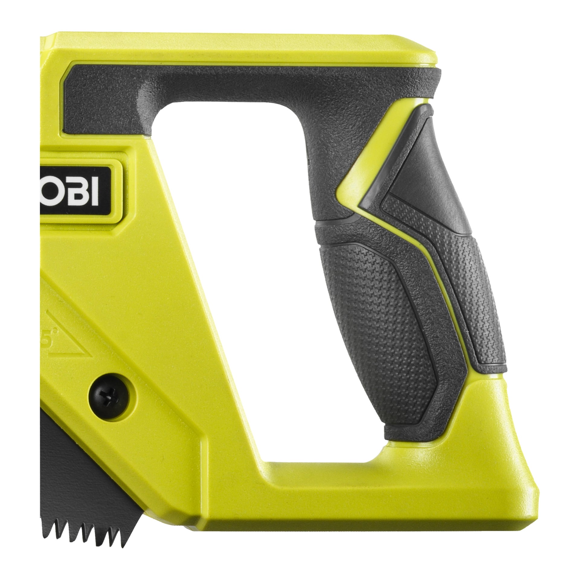 Detaljerad vy av det gula och svarta handsågshandtaget på Ryobi Handsaw RHCHS-550, som framhäver det texturerade svarta gummigreppet och en del av bladet under. Vänster sida visar en del av Ryobis logotyp.