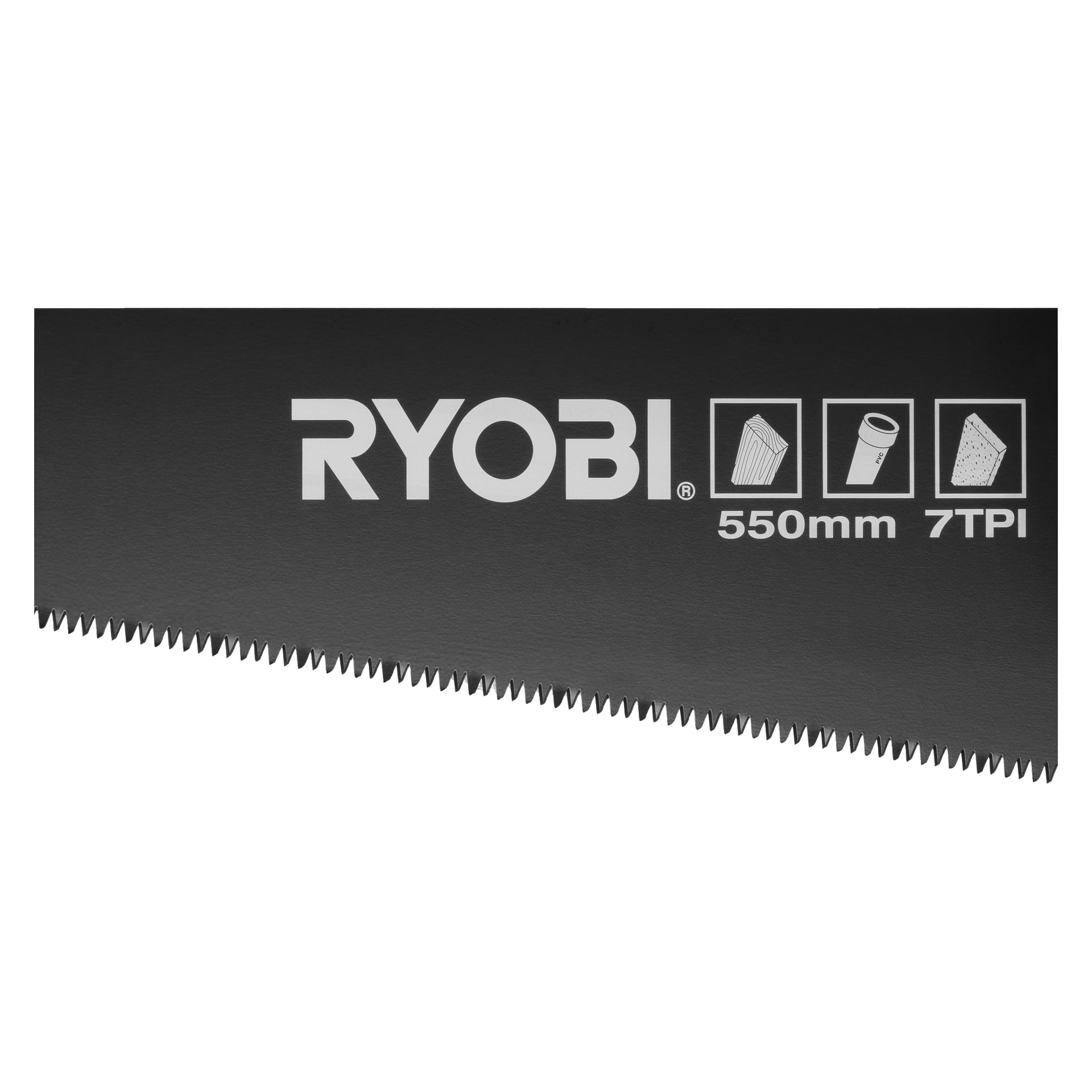 Detaljerad vy av ett svart Ryobi RHCHS-550 handsågblad, med märkesnamn, 550mm och 7TPI-specifikationer, samt ikoner som visar att det kan skära flera material. De vassa tänderna kantar bladets nederkant.