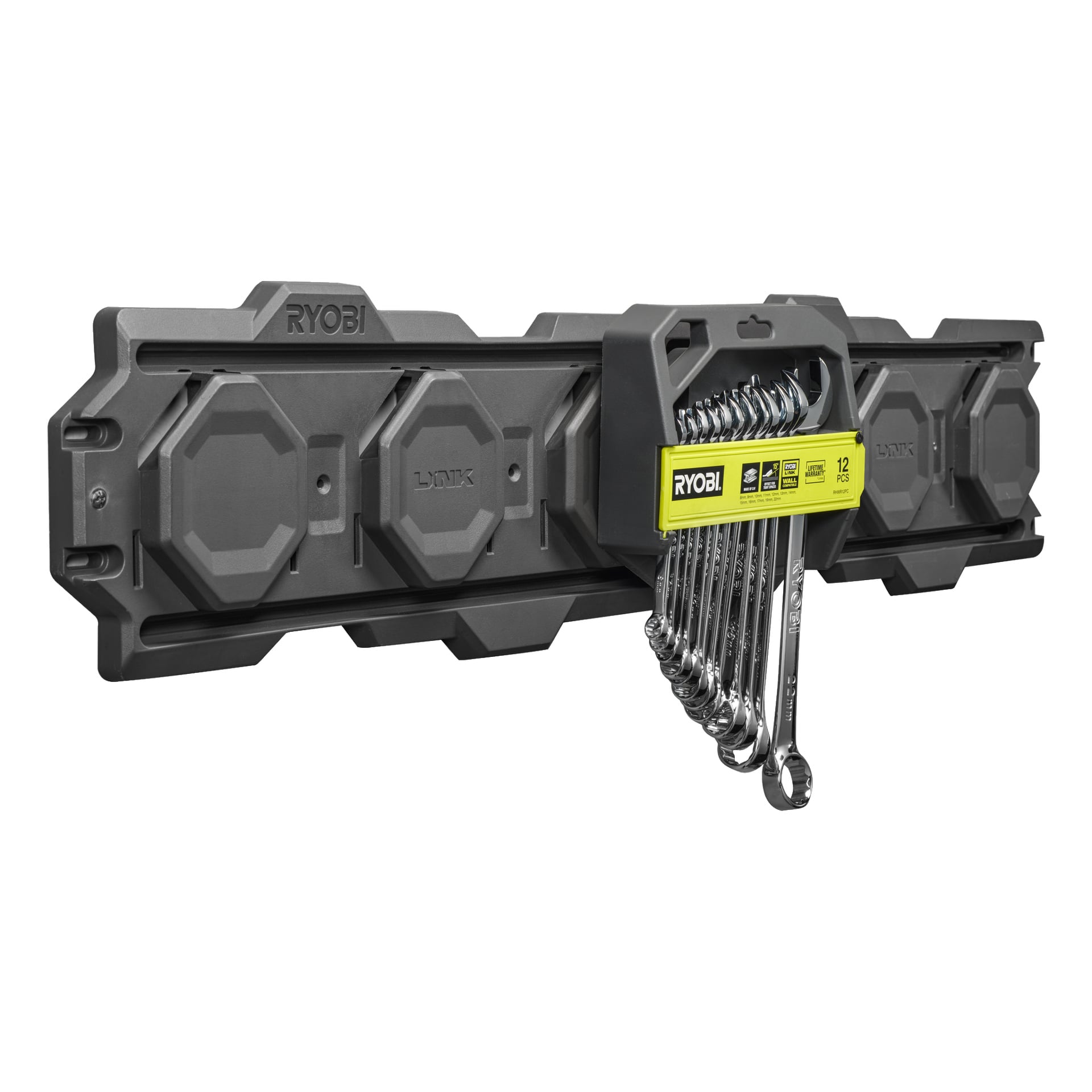 Ett 12-delat Ryobi kombinationsskiftnyckelset RHWR12PC är arrangerat i en svart och gul plasthållare.