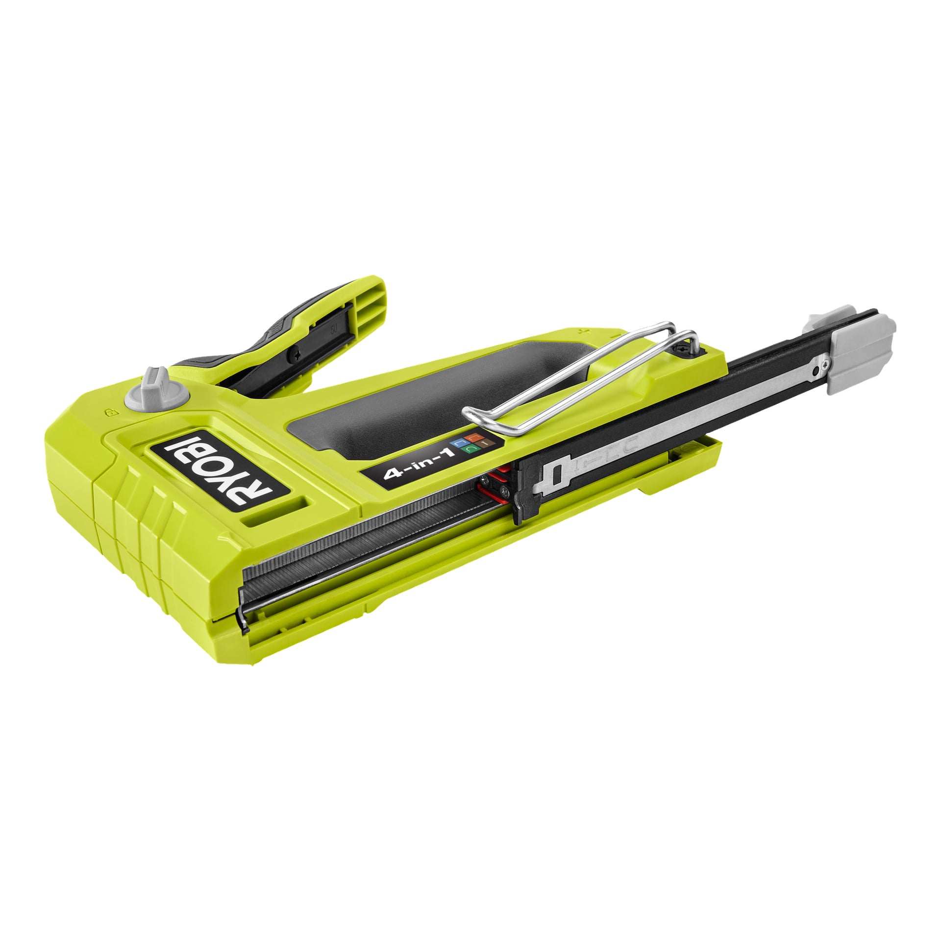 En grön Ryobi 4-i-1 häftpistol (modell RHFST4IN1) med svart handtag, metallklämma och flerfärgad indikator. Denna lilla, ergonomiska enhet är lämplig både för häftning och spikning.