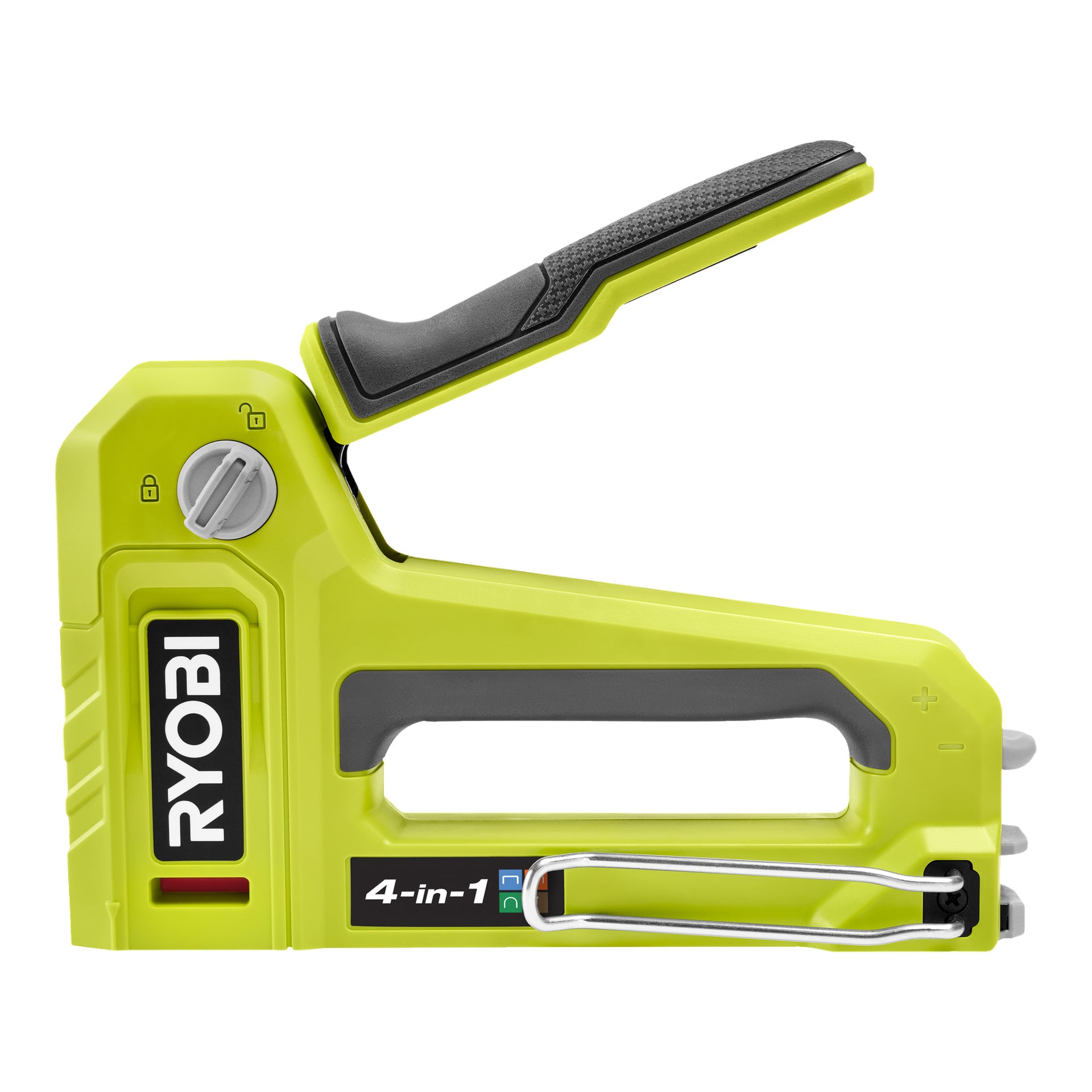 Ryobi 4-i-1 häftpistol (modell RHFST4IN1) i klar limegrön, med svart handtag, metalliskt silverspak och sidojusteringsratt. Varumärkeslogotyper och funktionssymboler är synliga på verktygets kropp.