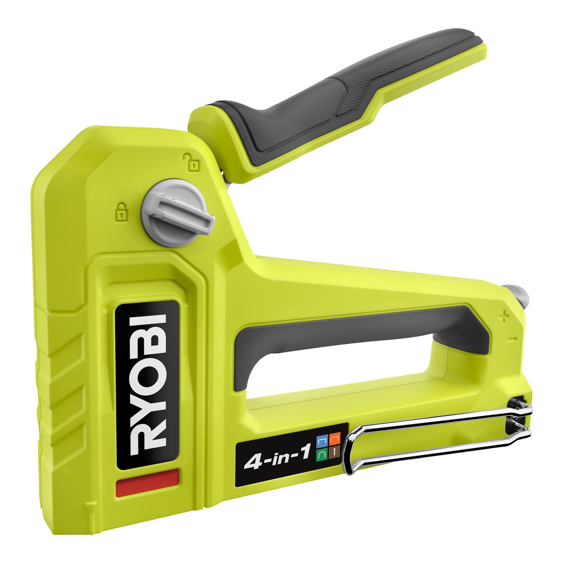 En gul och svart Ryobi RHFST4IN1 häftpistol med grått handtag, justeringsratt, metallhäftande guide, synlig Ryobi-märkning och en tydlig 4-i-1-märkning på sidan.