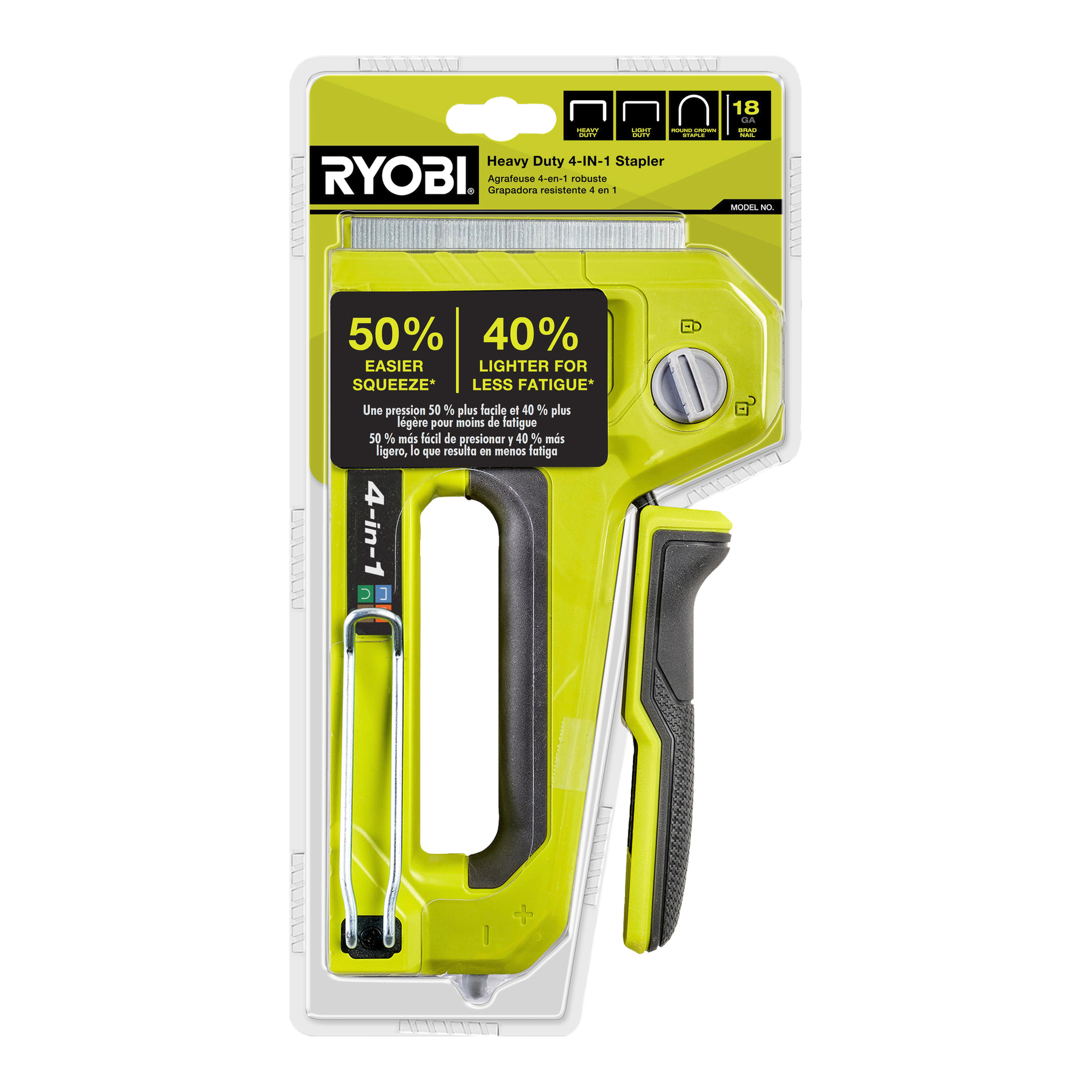 En Ryobi 4-i-1 häftpistol (modell RHFST4IN1) är förpackad i klar plast och visar sin gröna kropp och svarta handtag. Förpackningen anger att den erbjuder "50 % lättare klämning" och är "40 % lättare för mindre trötthet.