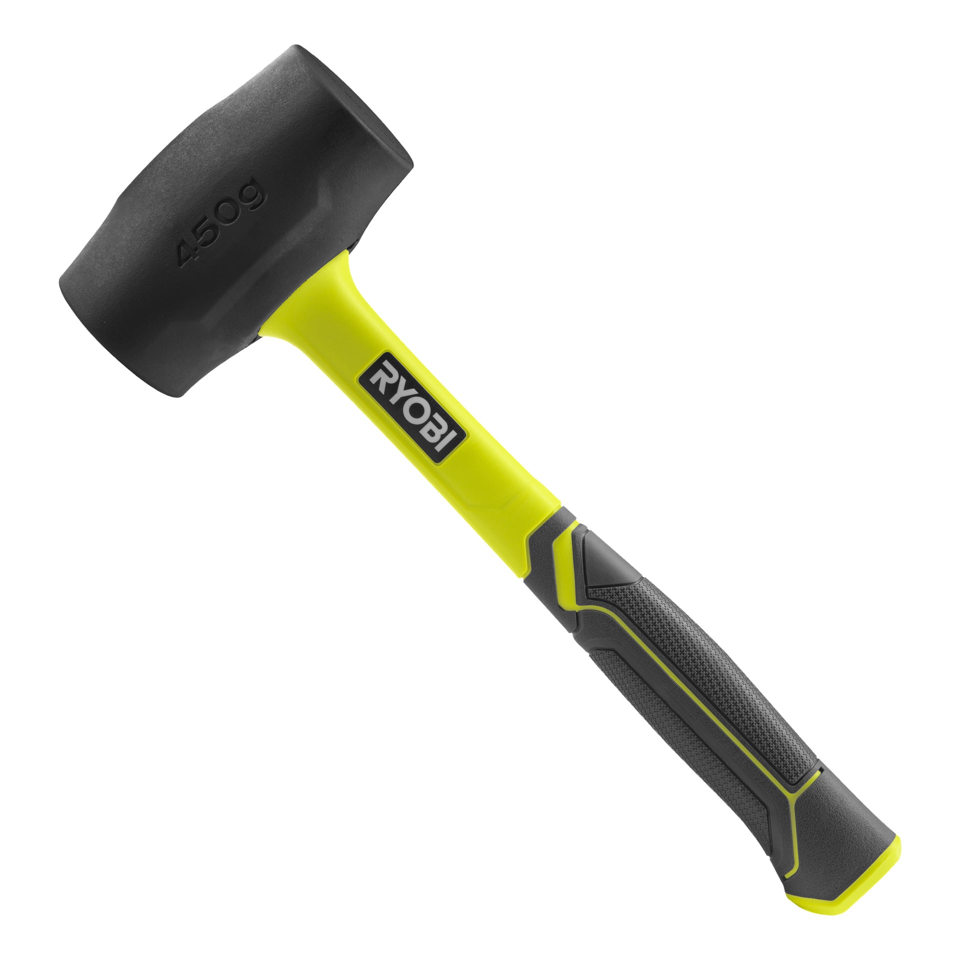En Ryobi Rubber Hammer RHHM450 med ett stadigt svart gummihuvud och ett gult och svart handtag märkt med "RYOBI" och "450g." Handtaget har ett texturerat grepp för bättre hantering.