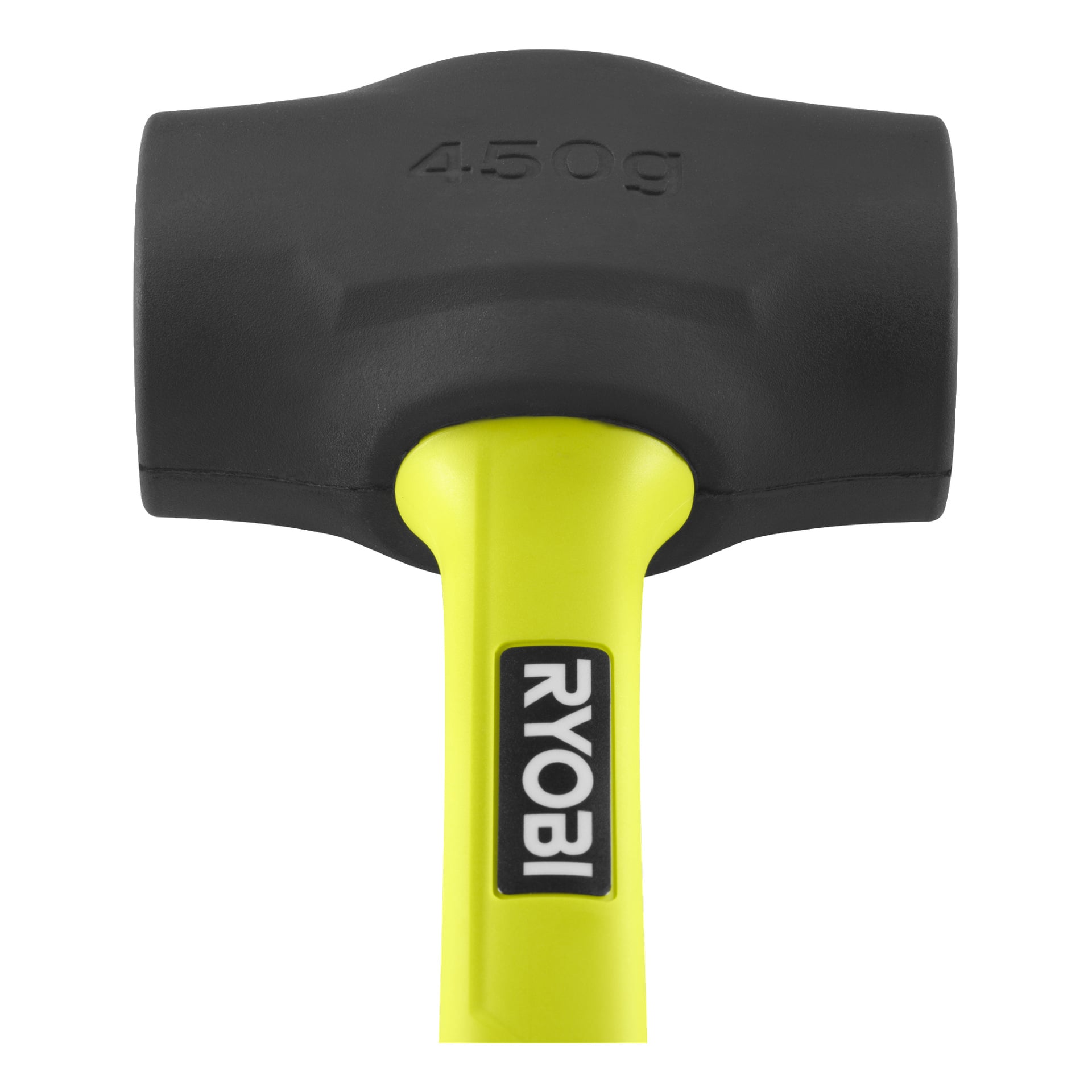 Detaljerad vy av en Ryobi gummihammar RHHM450 e, med ett svart huvud på 4,5 kg och ett starkt gult handtag. Bilden markerar den övre delen av hammaren och visar Ryobi-märkningen på handtaget.